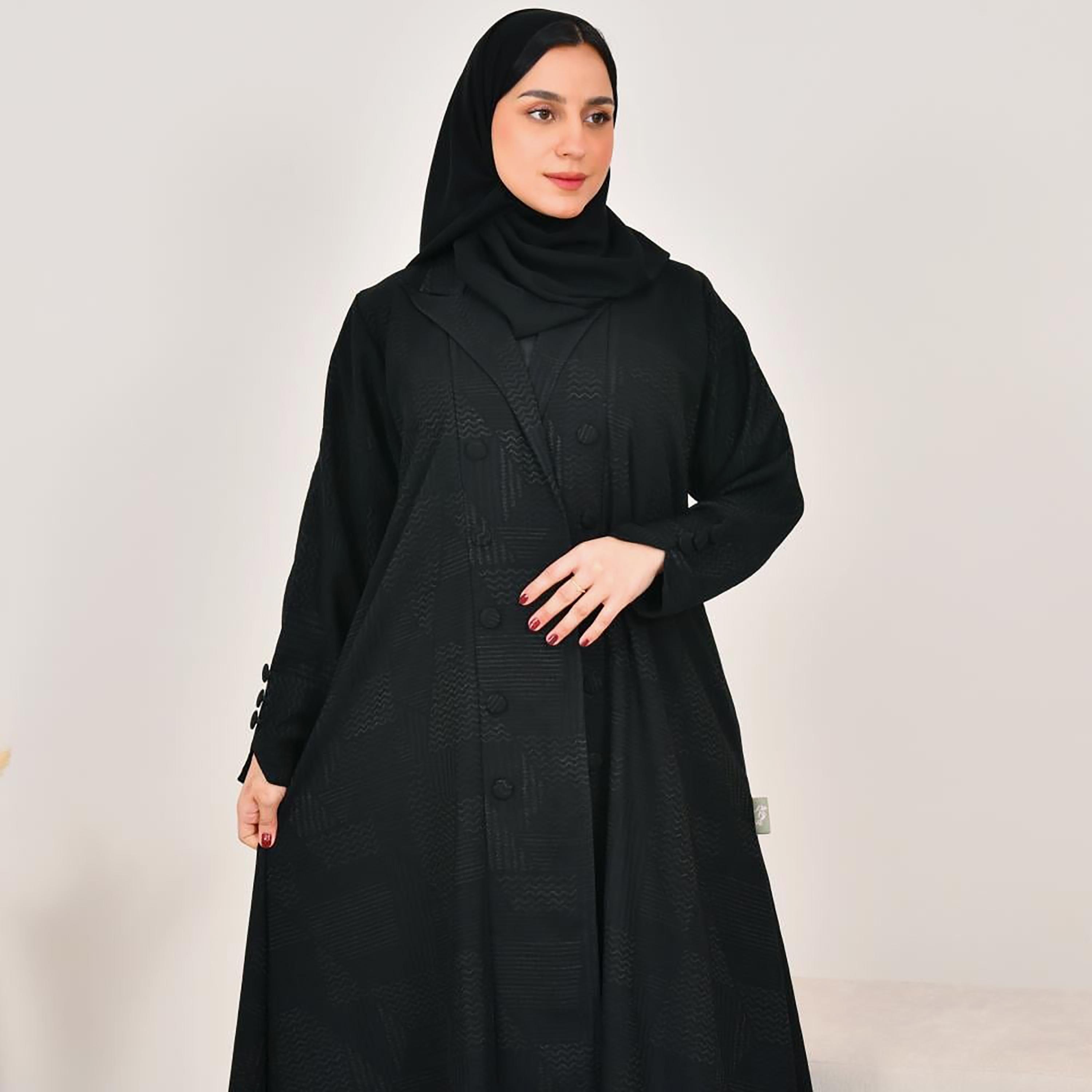 Lamha Black Notch Lapel Linen Women's Abaya with Hijab-women-arabicclothing-abayas-image-2