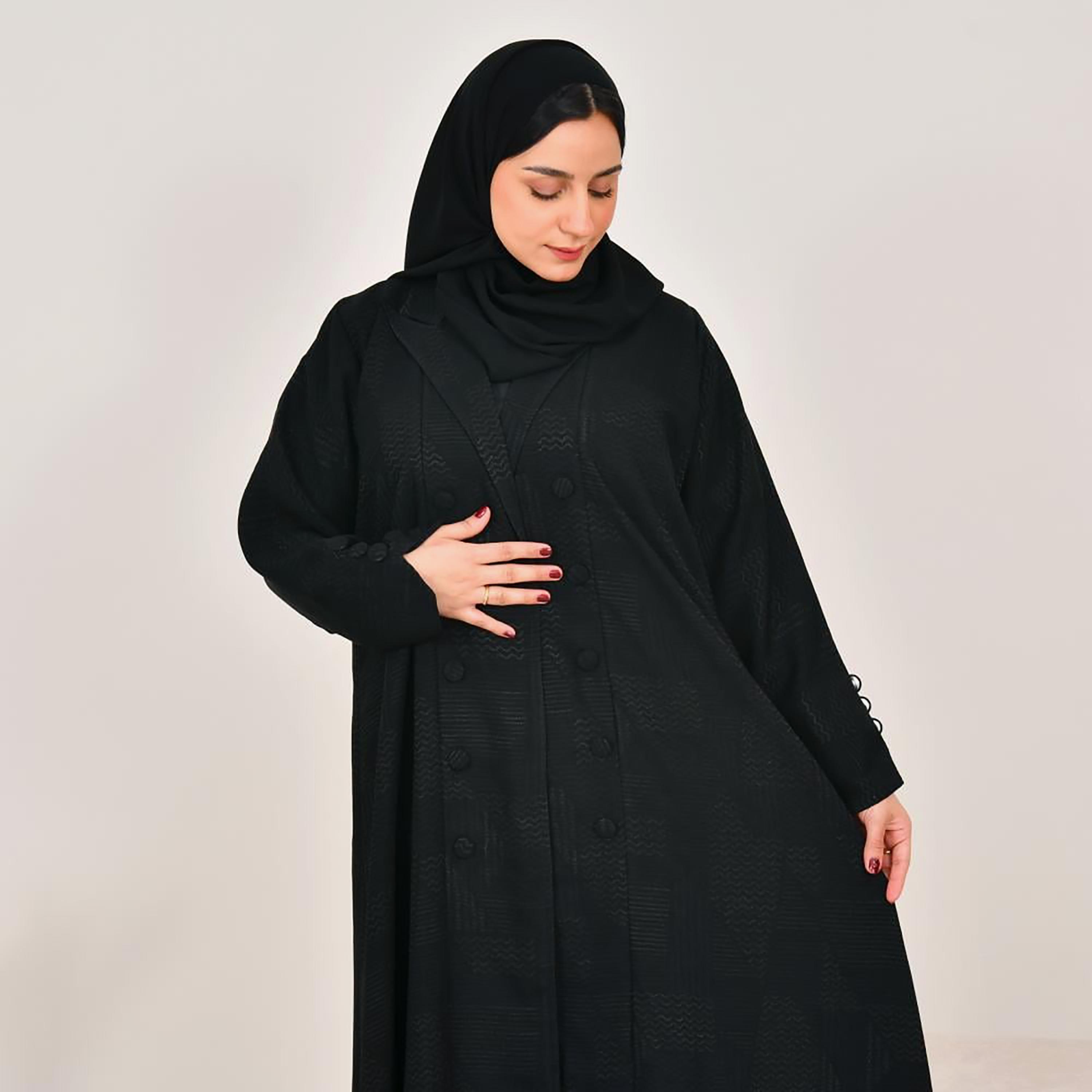 Lamha Black Notch Lapel Linen Women's Abaya with Hijab-women-arabicclothing-abayas-image-4