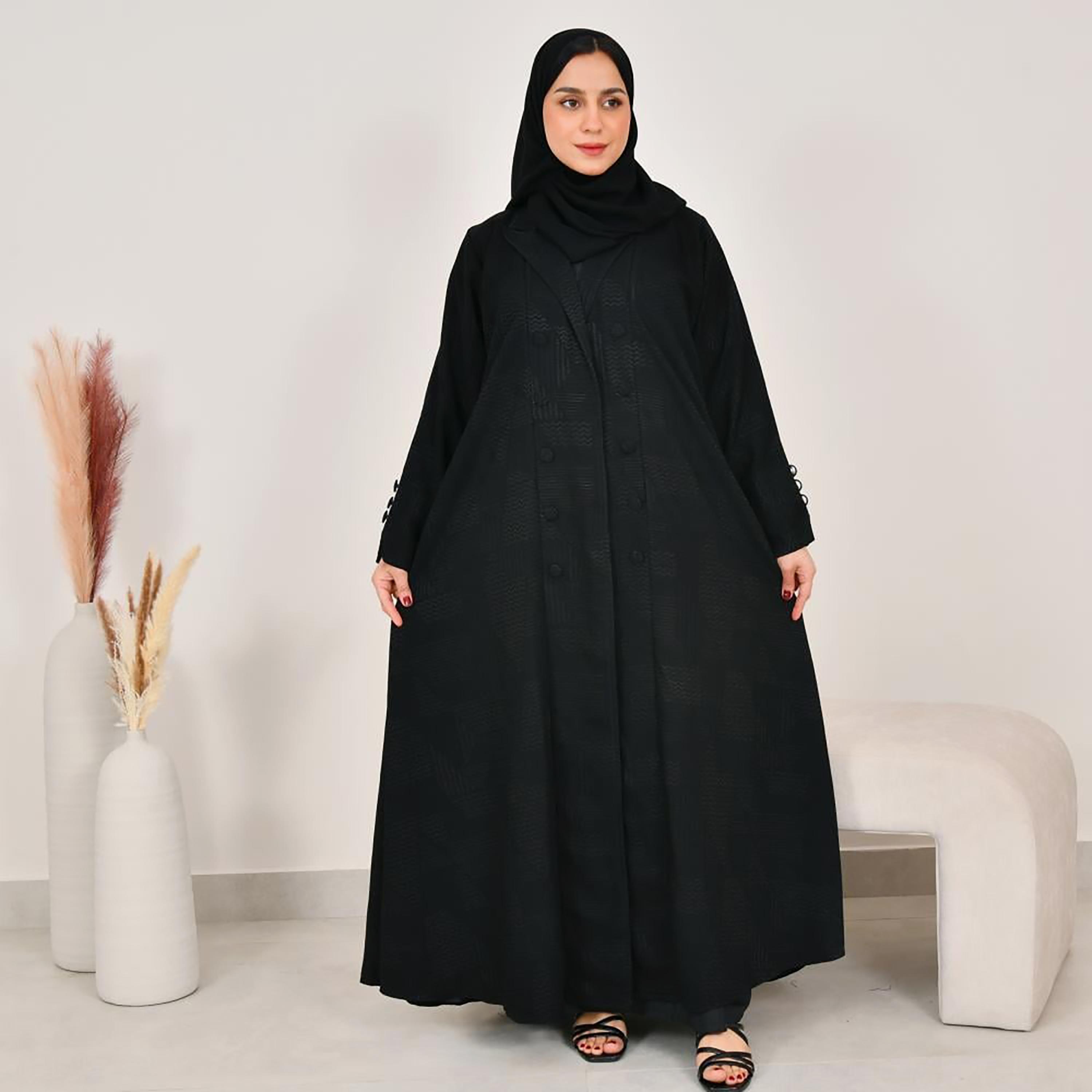 Lamha Black Notch Lapel Linen Women's Abaya with Hijab-women-arabicclothing-abayas-image-5