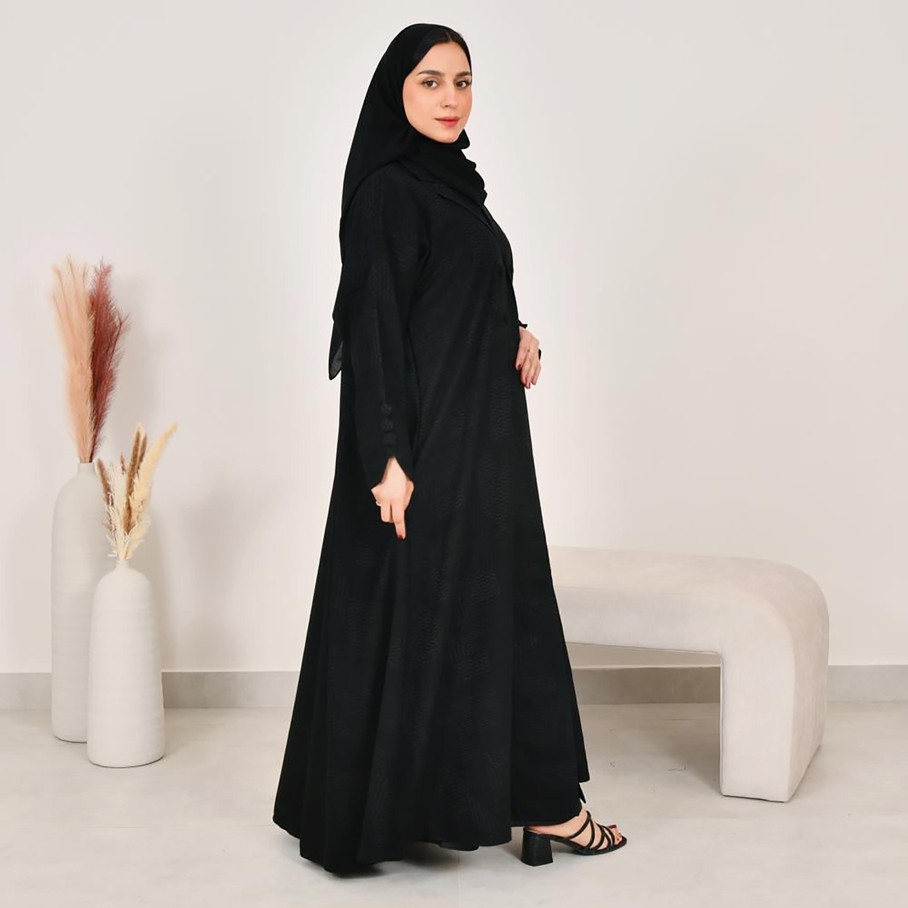 Lamha Black Notch Lapel Linen Women's Abaya with Hijab-women-arabicclothing-abayas-image-6