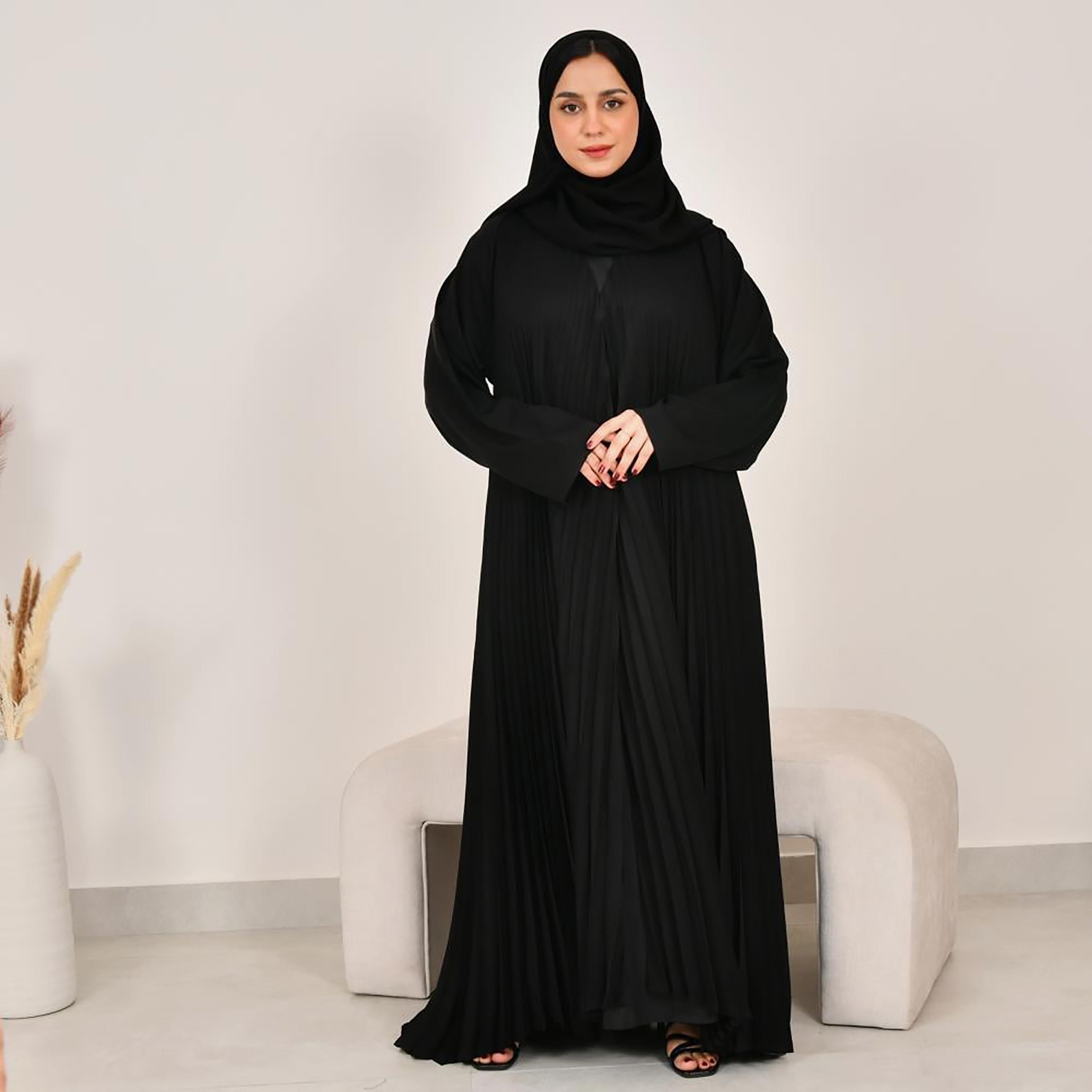 Lamha Black Pleated Linen Women's Abaya with Hijab-women-arabicclothing-prayerclothing-image-1
