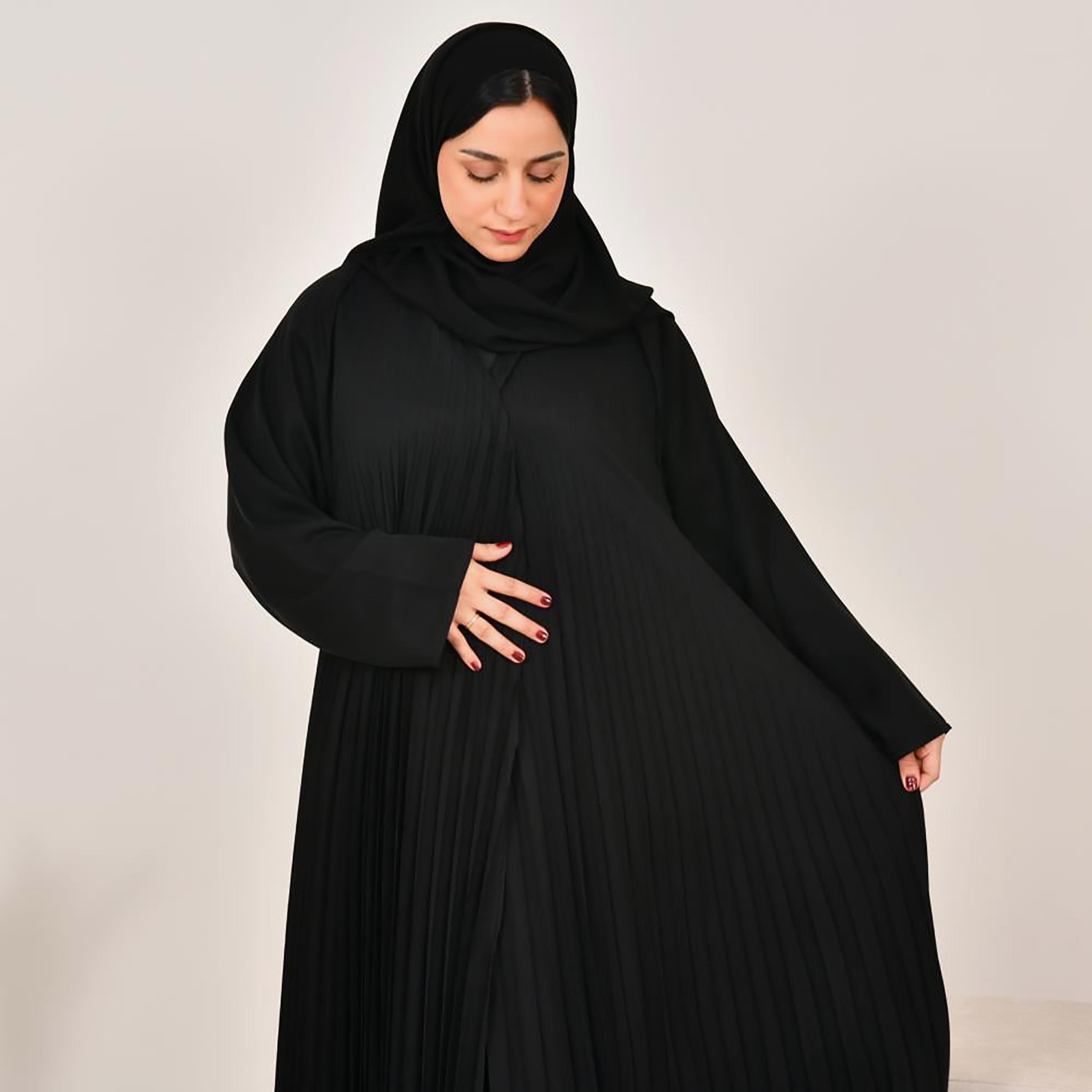 Lamha Black Pleated Linen Women's Abaya with Hijab-women-arabicclothing-prayerclothing-image-2