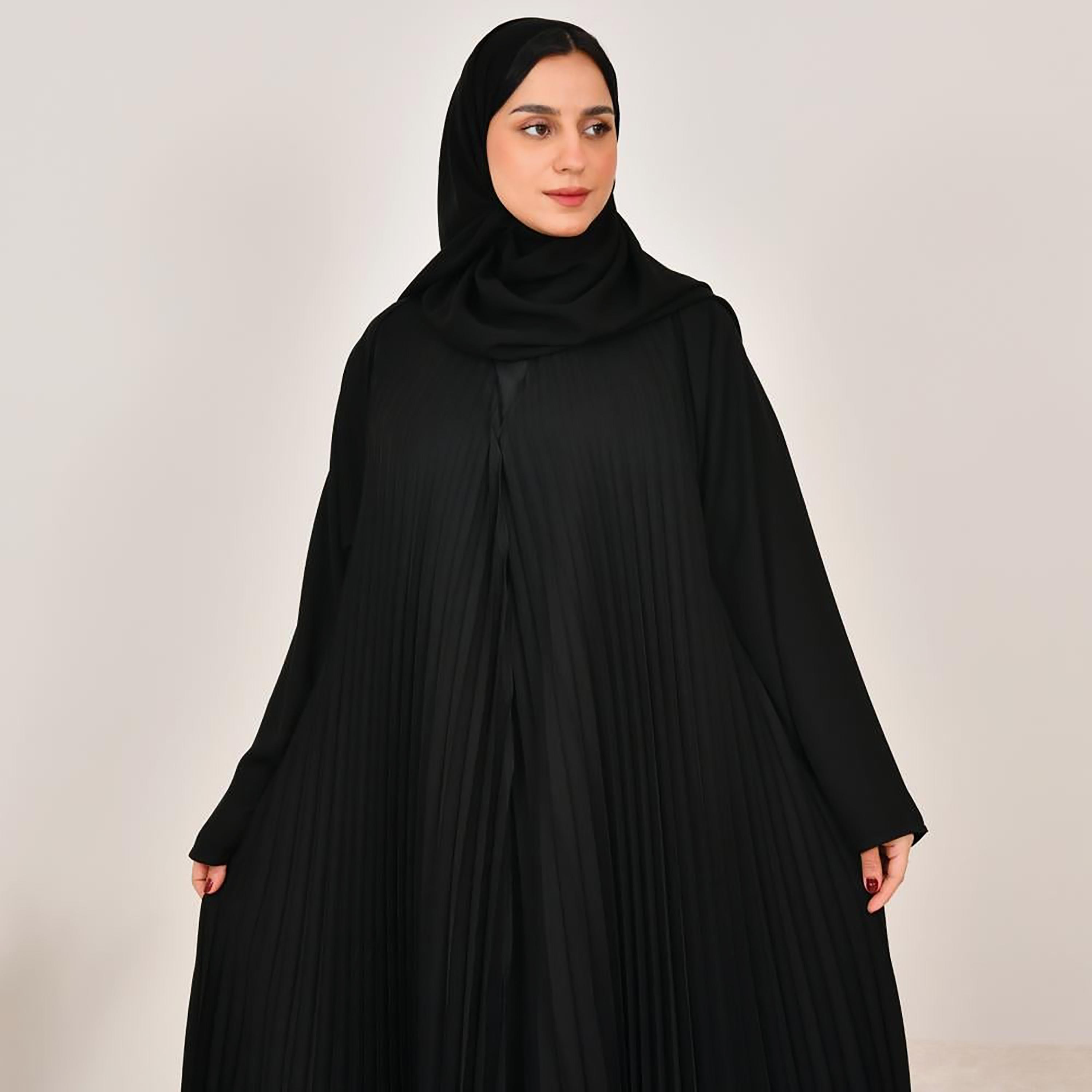 Lamha Black Pleated Linen Women's Abaya with Hijab-women-arabicclothing-prayerclothing-image-4