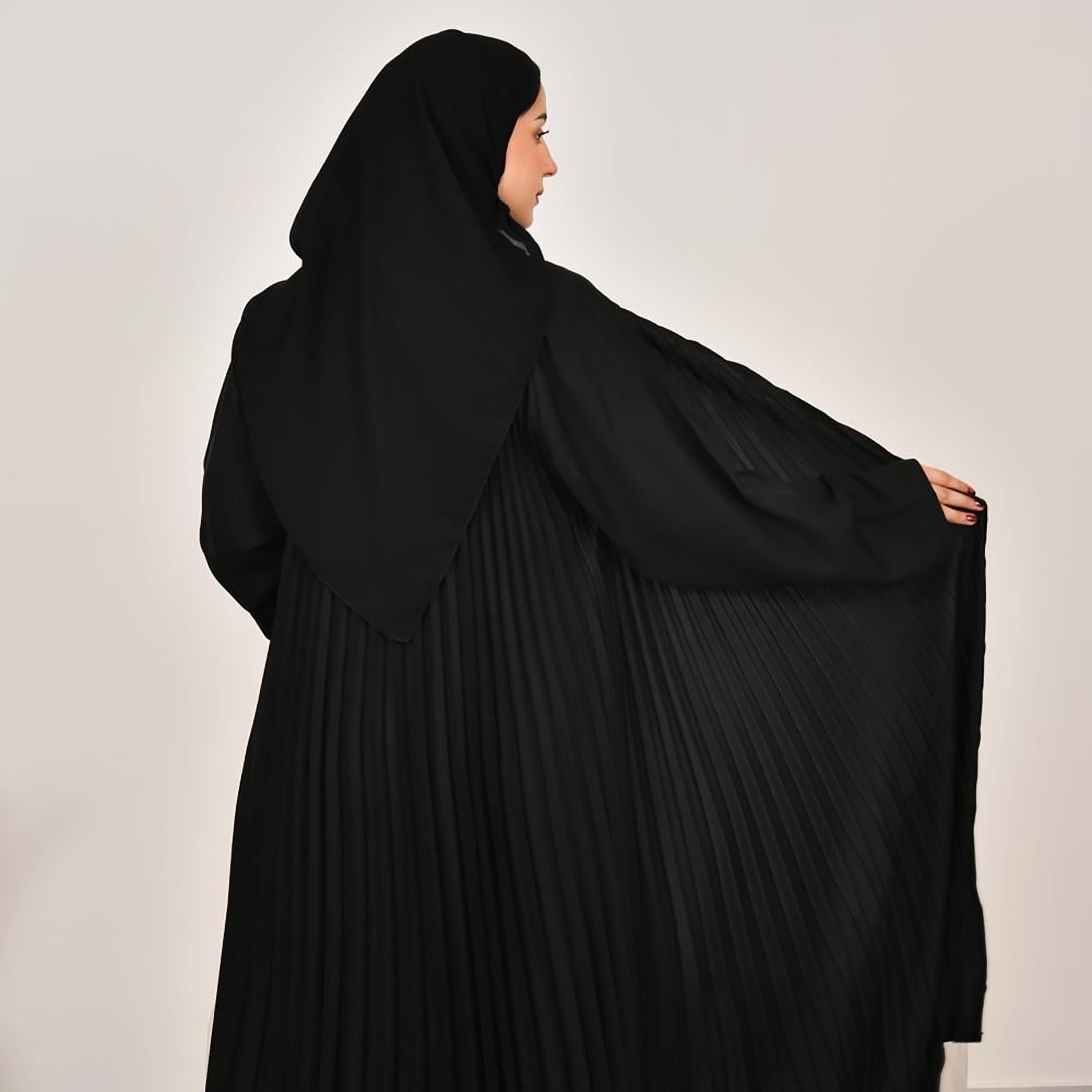 Lamha Black Pleated Linen Women's Abaya with Hijab-women-arabicclothing-prayerclothing-image-5