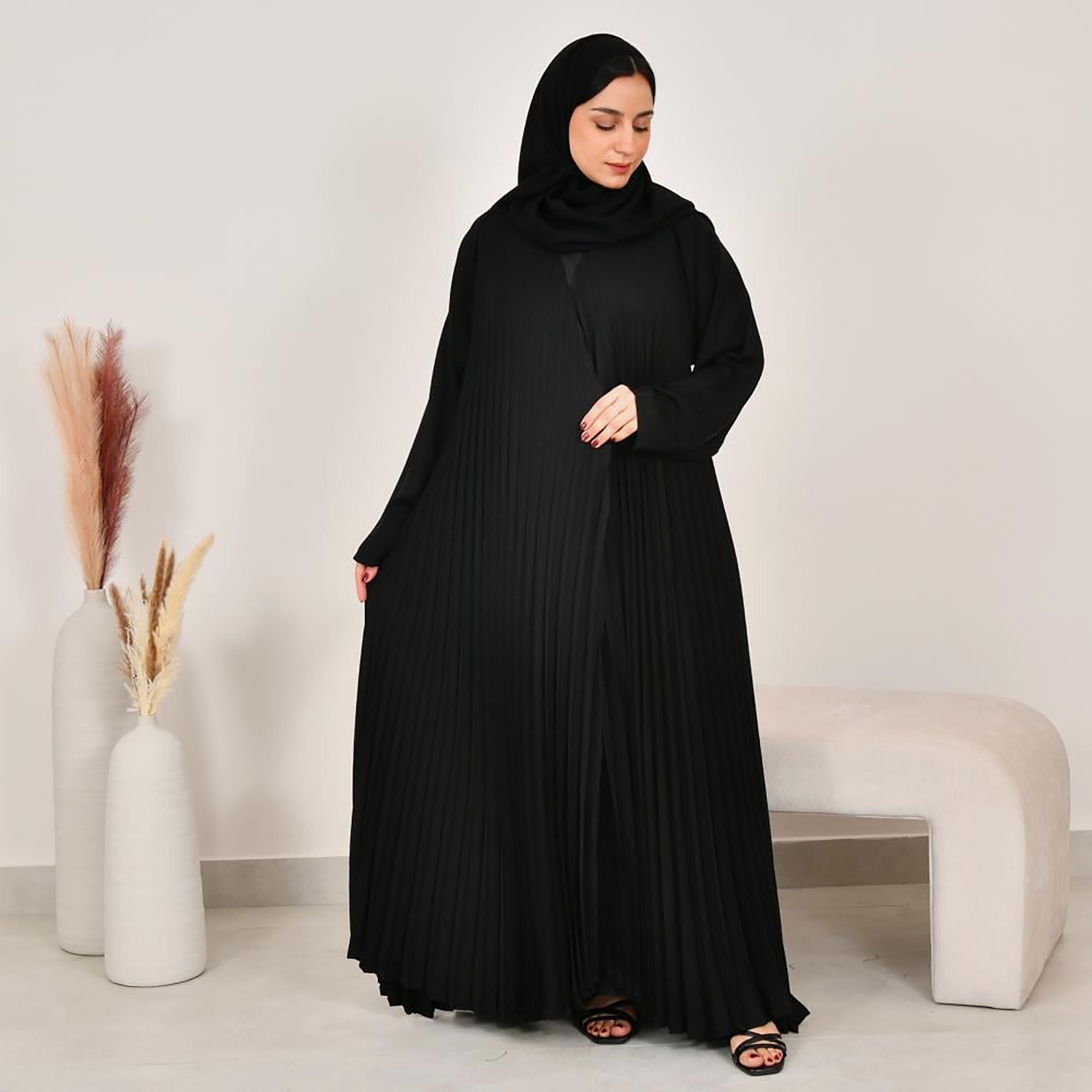 Lamha Black Pleated Linen Women's Abaya with Hijab-women-arabicclothing-prayerclothing-image-6