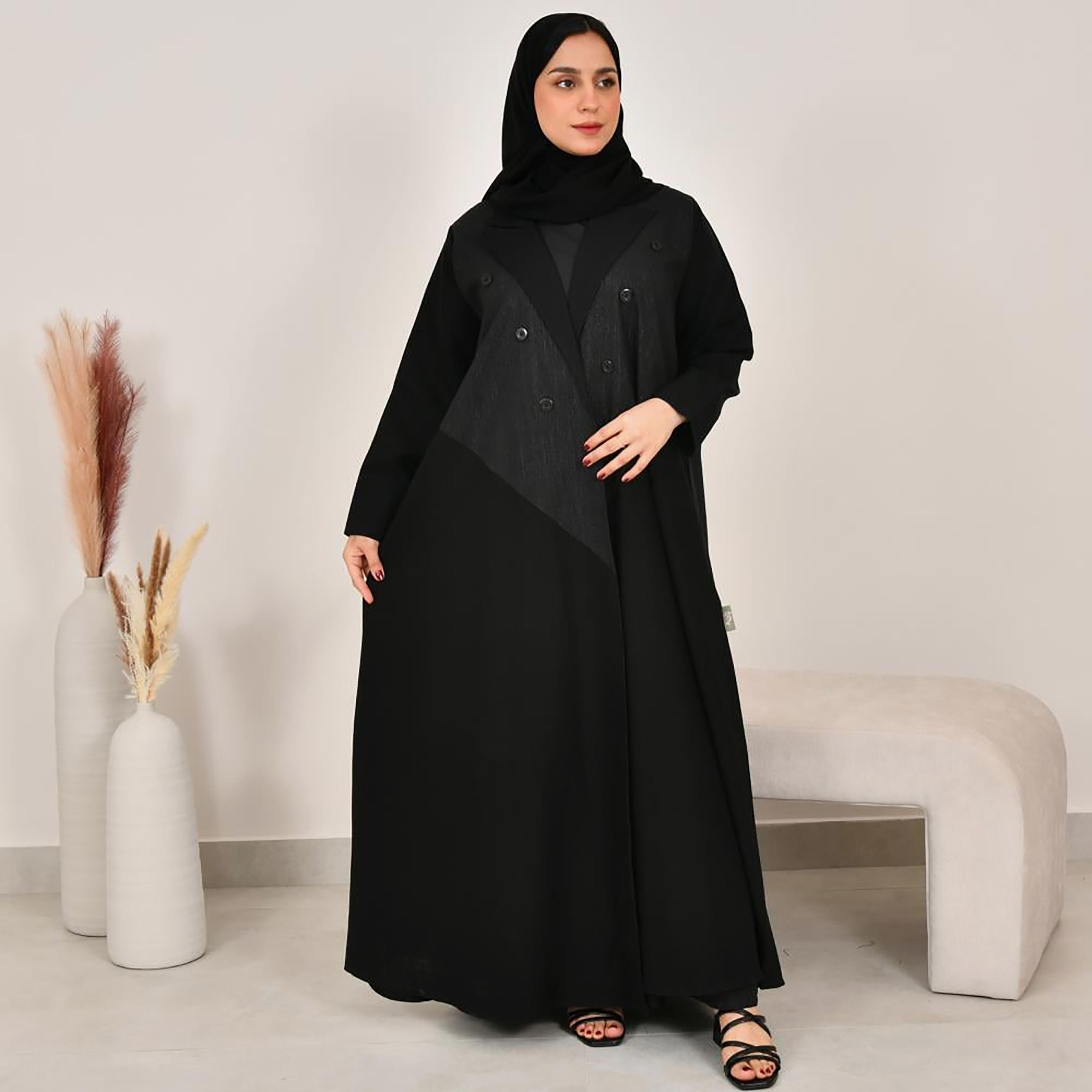 Lamha Black Colour Blocked Notch Lapel Linen Women's Abaya with Hijab-women-arabicclothing-abayas-image-1