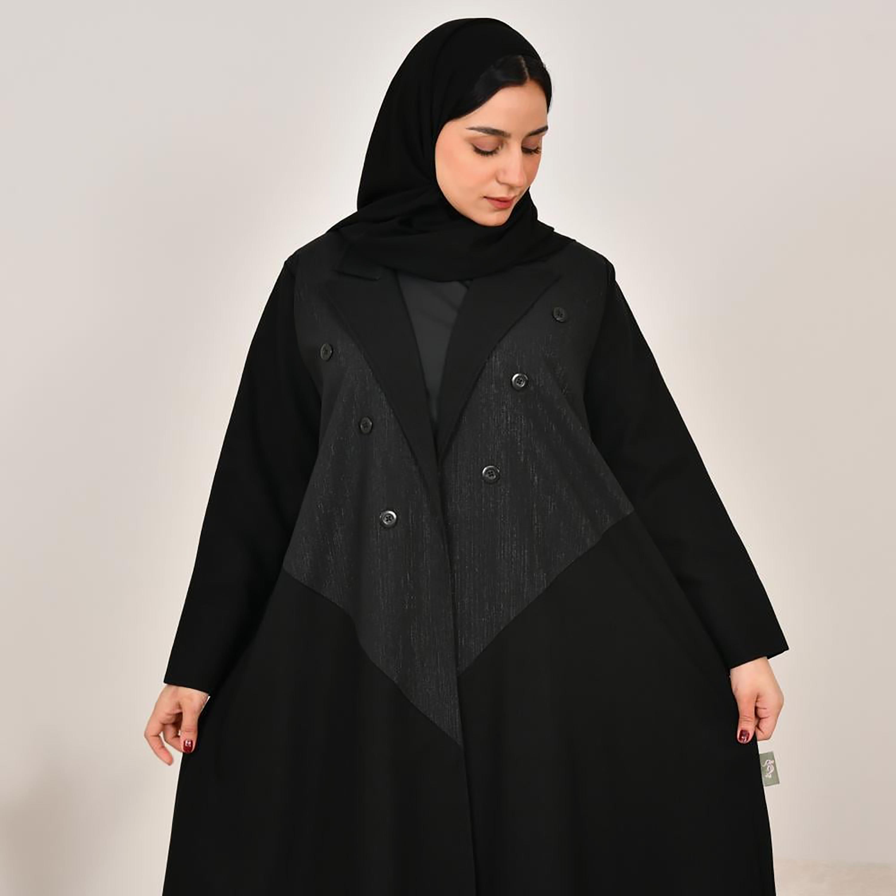 Lamha Black Colour Blocked Notch Lapel Linen Women's Abaya with Hijab-women-arabicclothing-abayas-image-2
