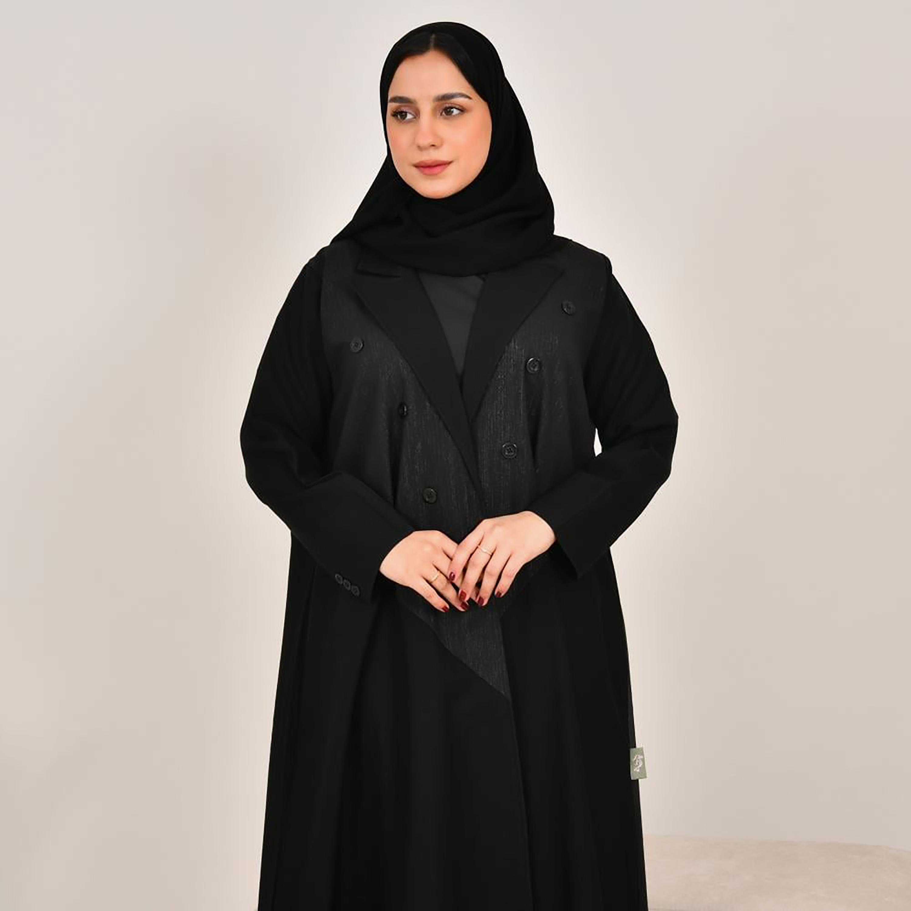 Lamha Black Colour Blocked Notch Lapel Linen Women's Abaya with Hijab-women-arabicclothing-abayas-image-3