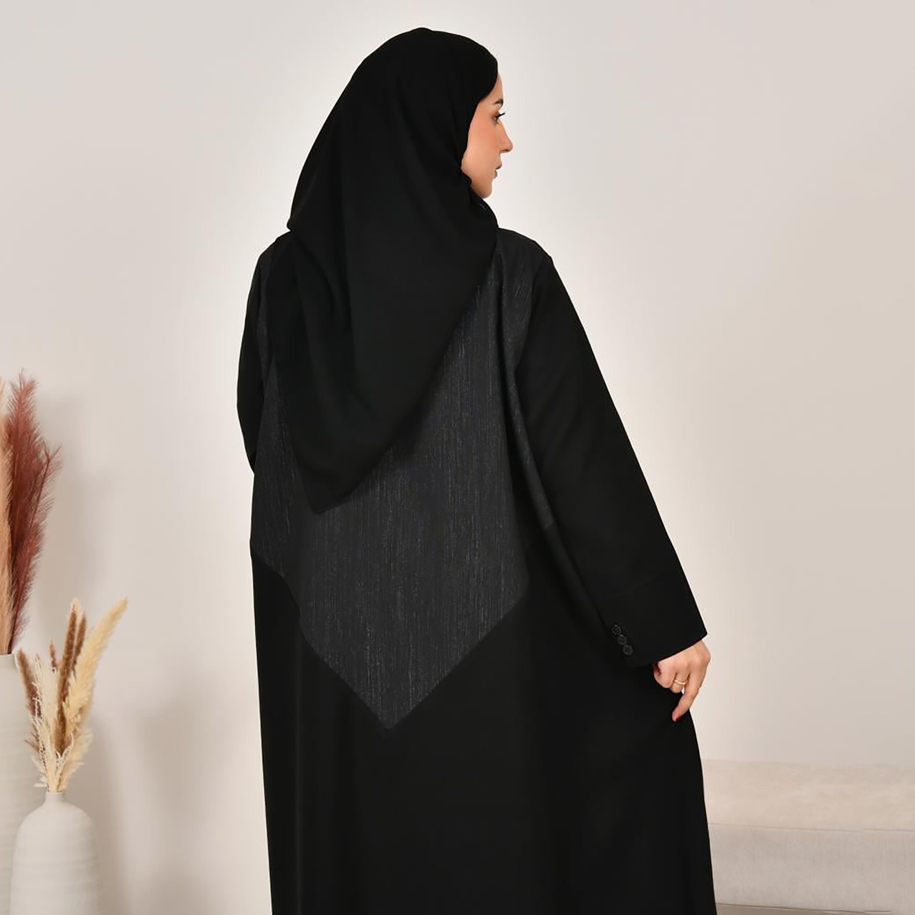 Lamha Black Colour Blocked Notch Lapel Linen Women's Abaya with Hijab-women-arabicclothing-abayas-image-4