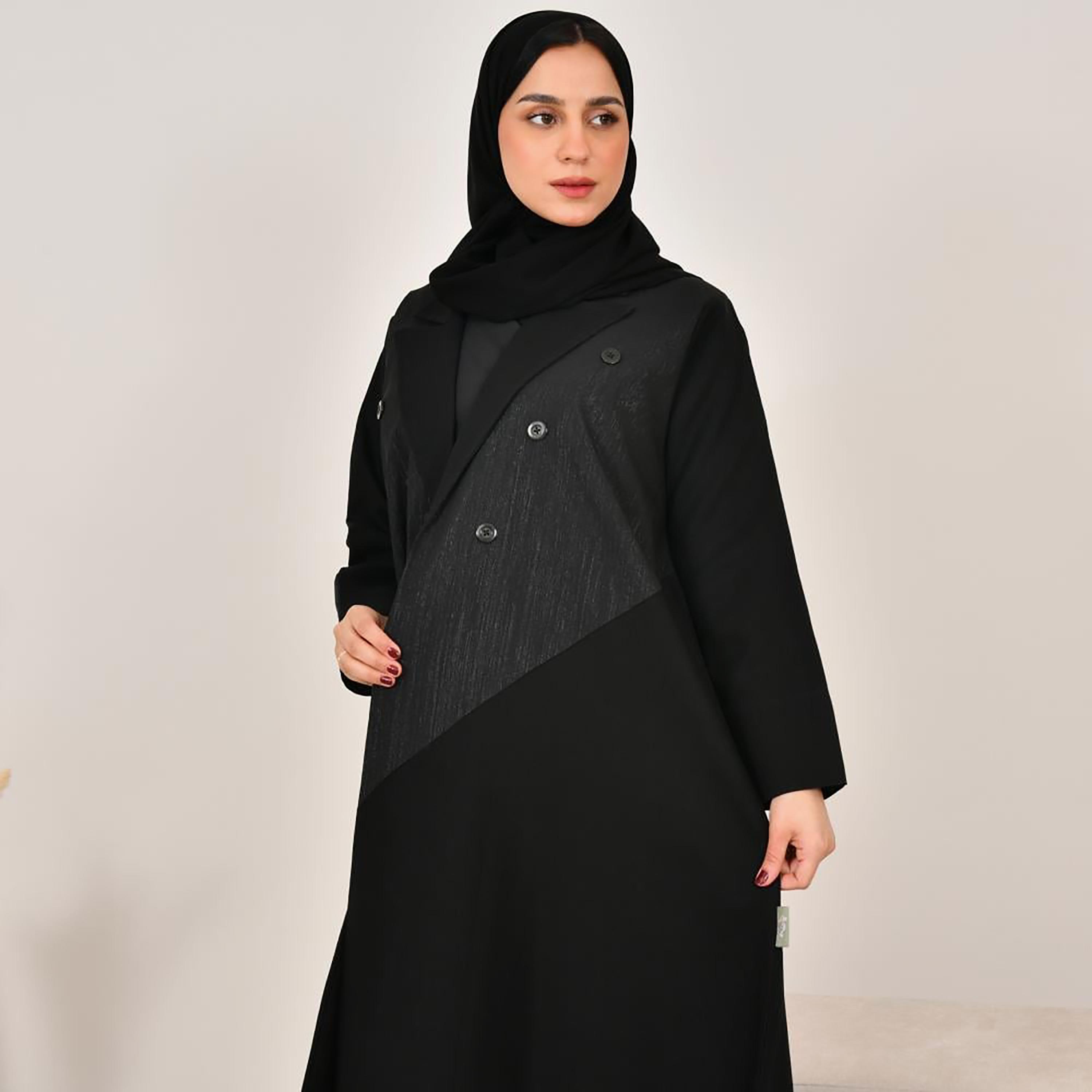 Lamha Black Colour Blocked Notch Lapel Linen Women's Abaya with Hijab-women-arabicclothing-abayas-image-5