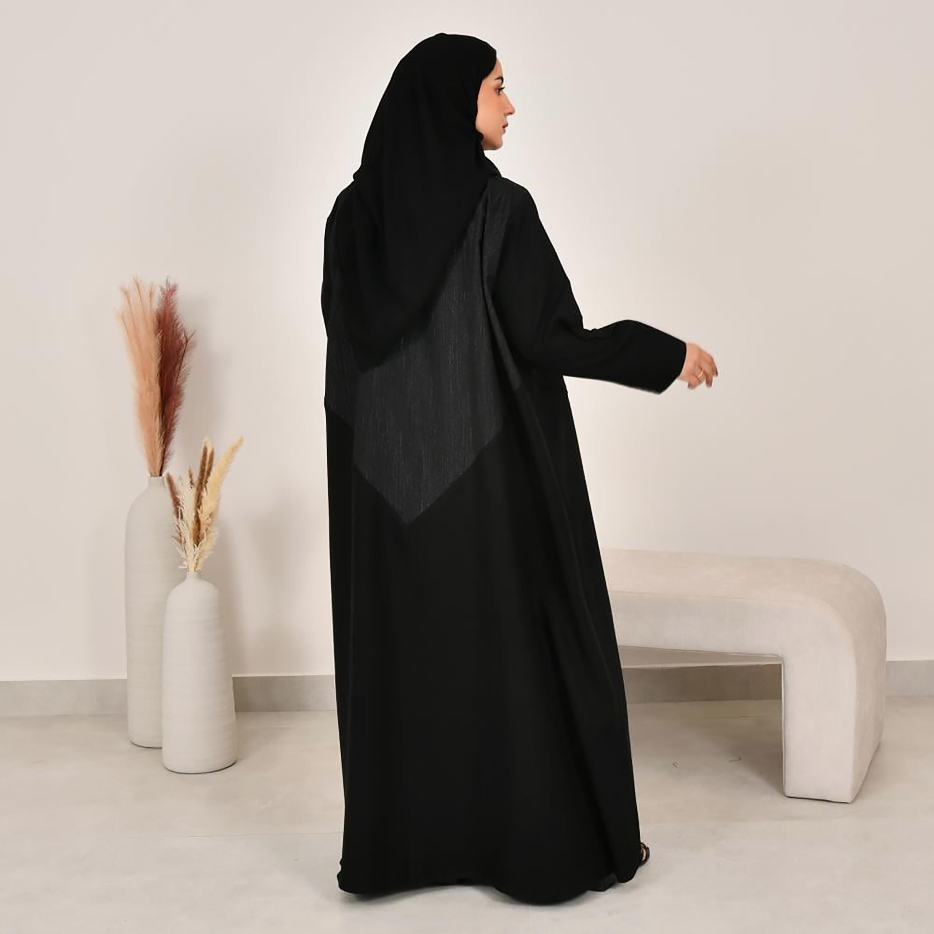 Lamha Black Colour Blocked Notch Lapel Linen Women's Abaya with Hijab-women-arabicclothing-abayas-image-6