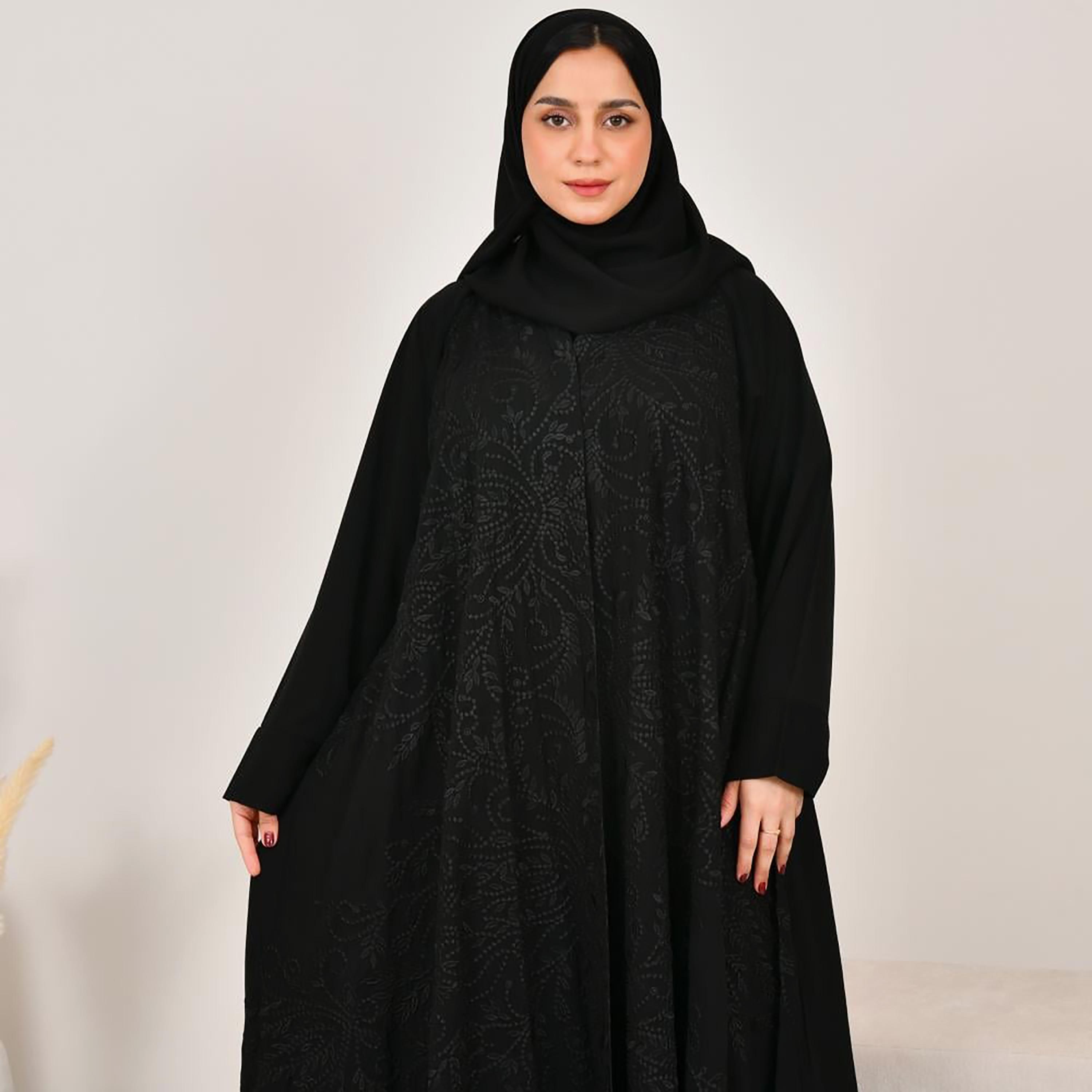 عباية نسائية سوداء مطرزة بارزة من الكتان مع حجاب من لمحة-women-arabicclothing-abayas-image-2