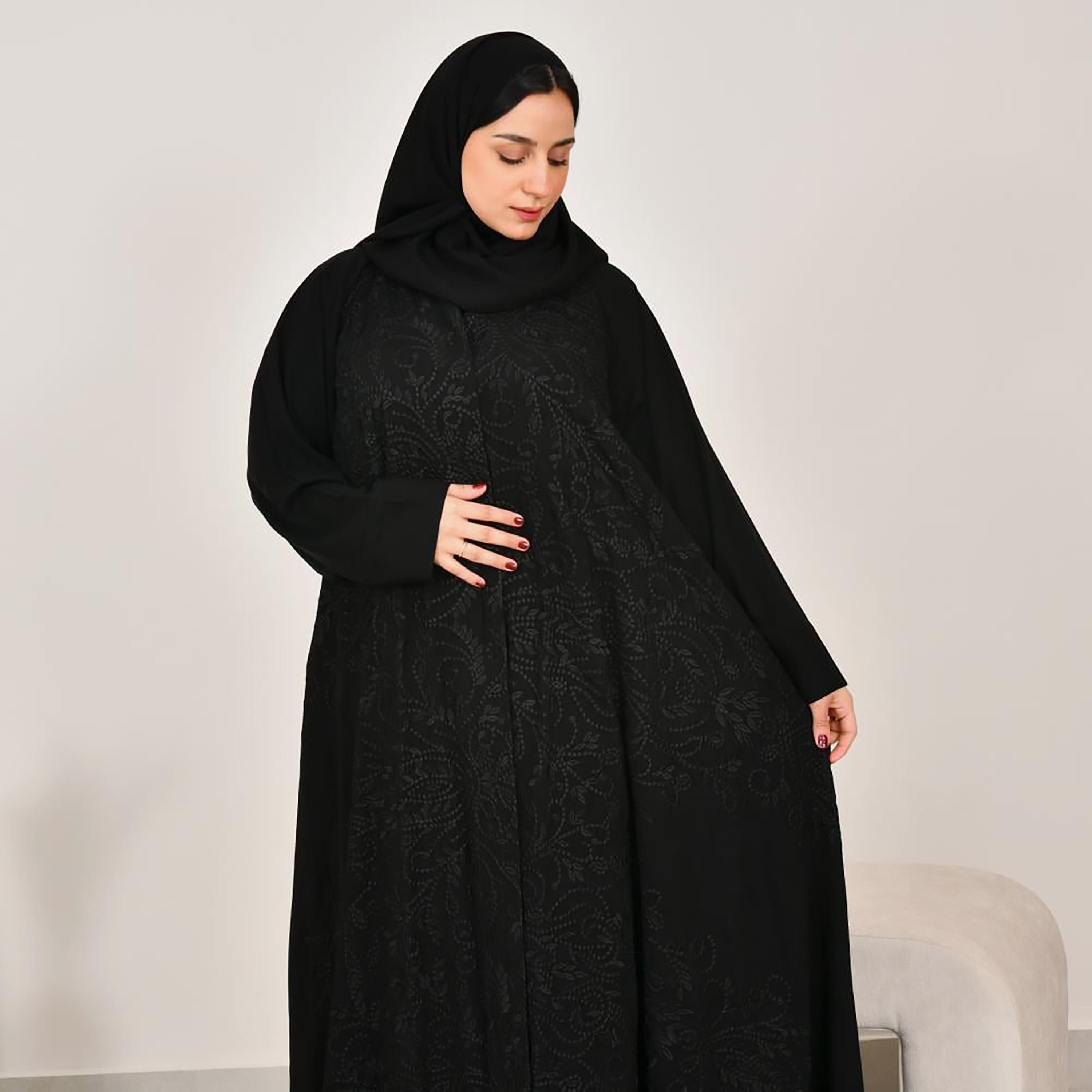 عباية نسائية سوداء مطرزة بارزة من الكتان مع حجاب من لمحة-women-arabicclothing-abayas-image-4