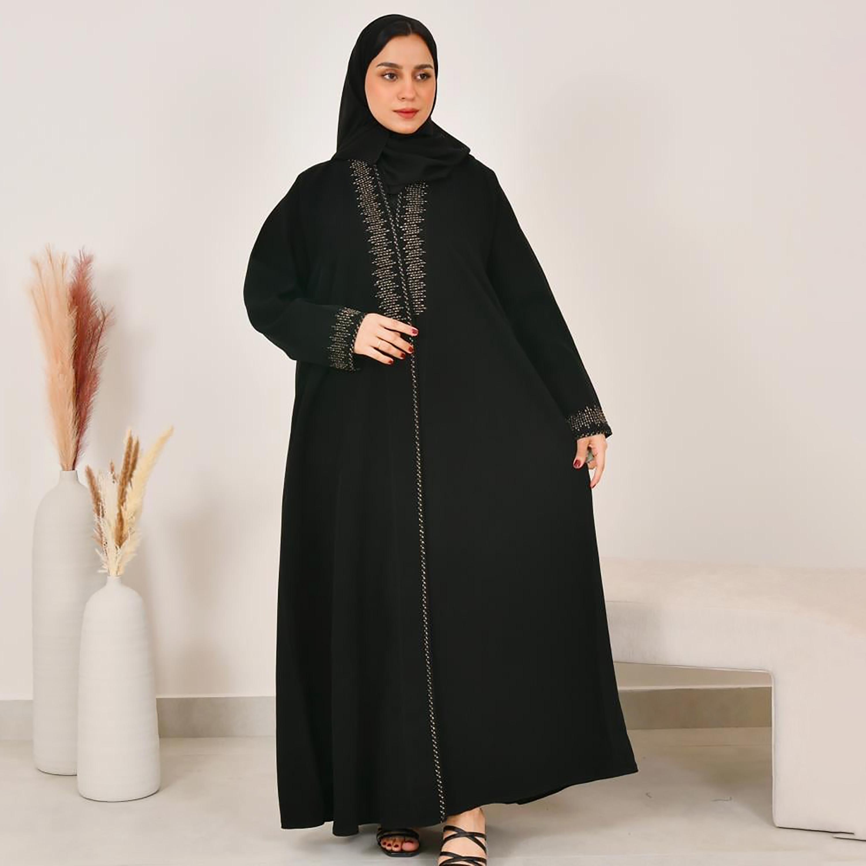 Lamha Black Embroidered Linen Women's Abaya with Hijab-women-arabicclothing-abayas-image-1