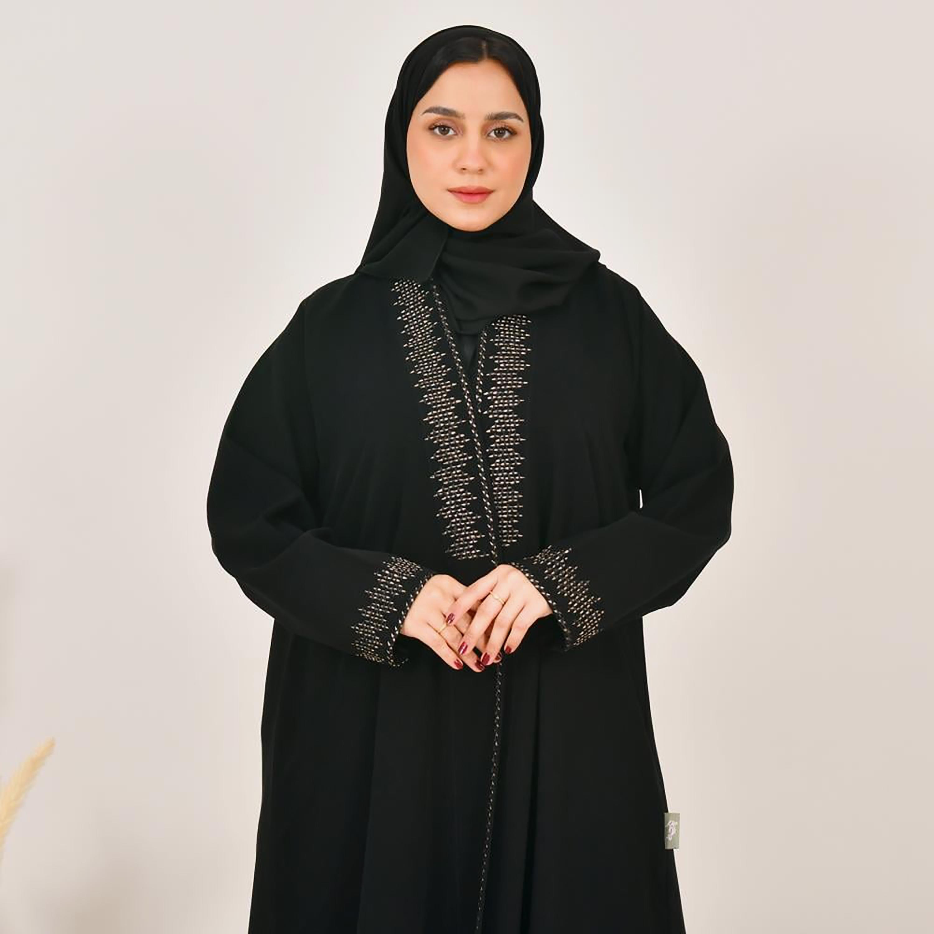 Lamha Black Embroidered Linen Women's Abaya with Hijab-women-arabicclothing-abayas-image-2