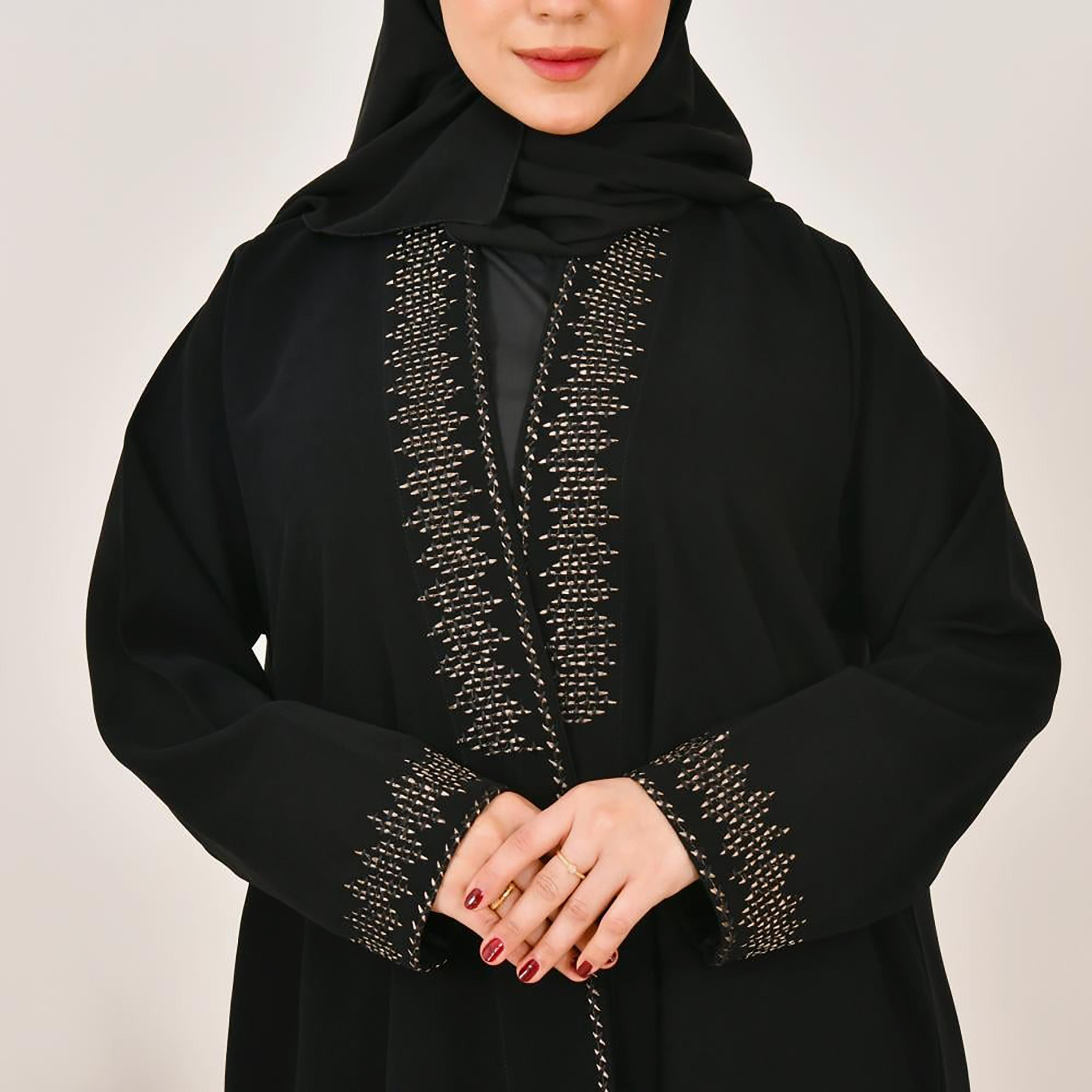 Lamha Black Embroidered Linen Women's Abaya with Hijab-women-arabicclothing-abayas-image-3