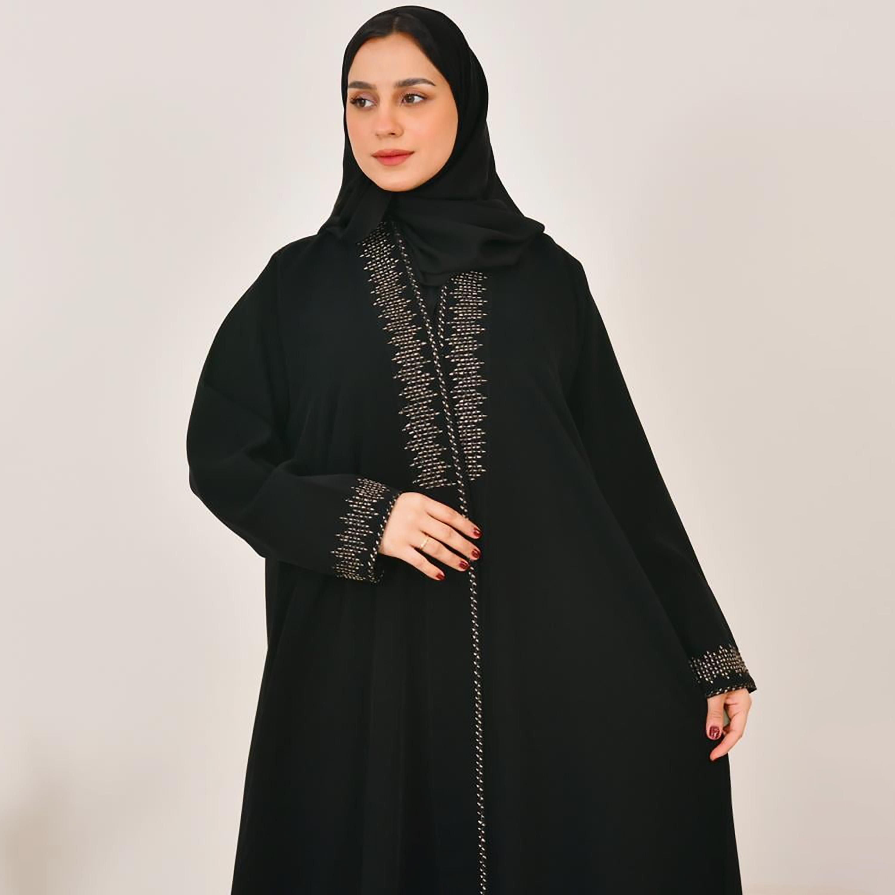 Lamha Black Embroidered Linen Women's Abaya with Hijab-women-arabicclothing-abayas-image-4