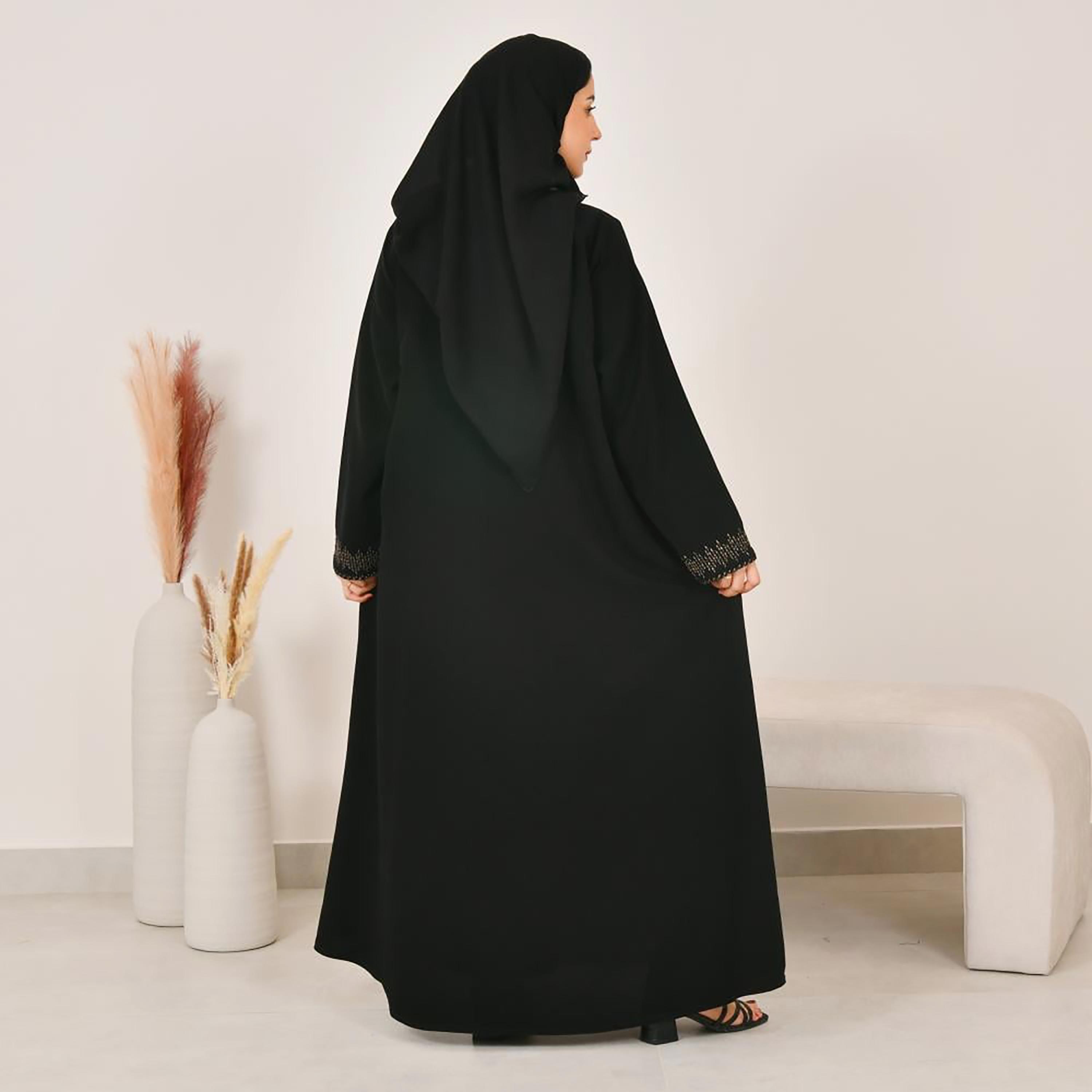 Lamha Black Embroidered Linen Women's Abaya with Hijab-women-arabicclothing-abayas-image-5