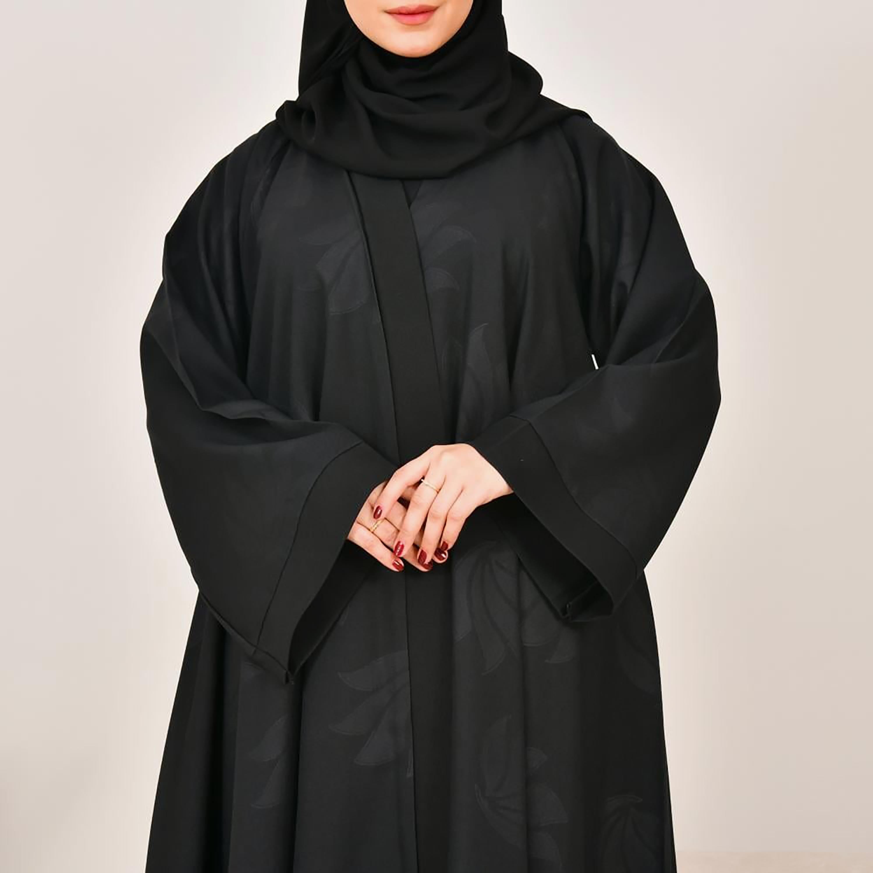 عباية نسائية من الكتان بأكمام واسعة وطبعة مربعات سوداء مع حجاب من لمحة-women-arabicclothing-abayas-image-4