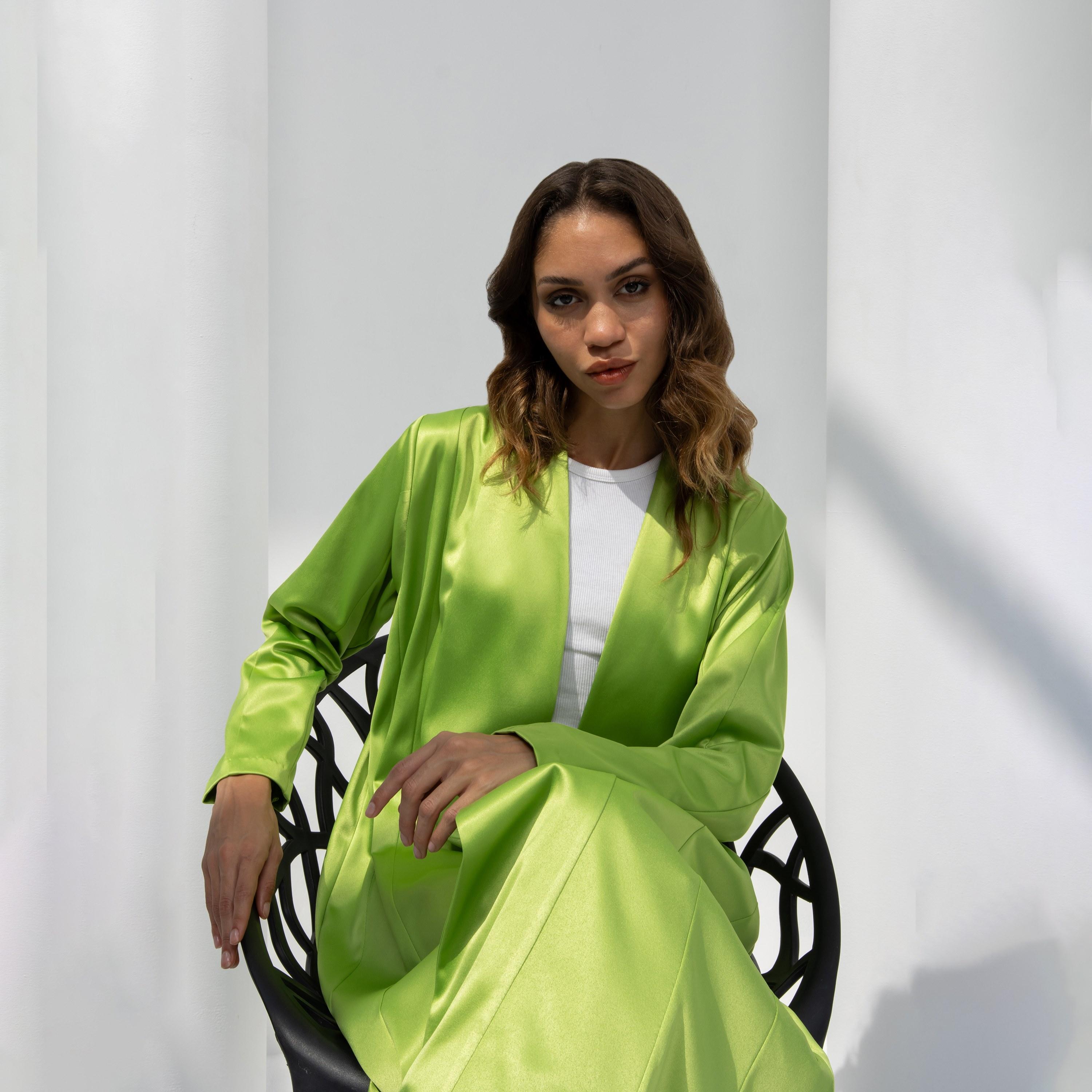10December Green Satin Women's Flowy Cut Abaya with Hijab-women-arabicclothing-abayas-image-2