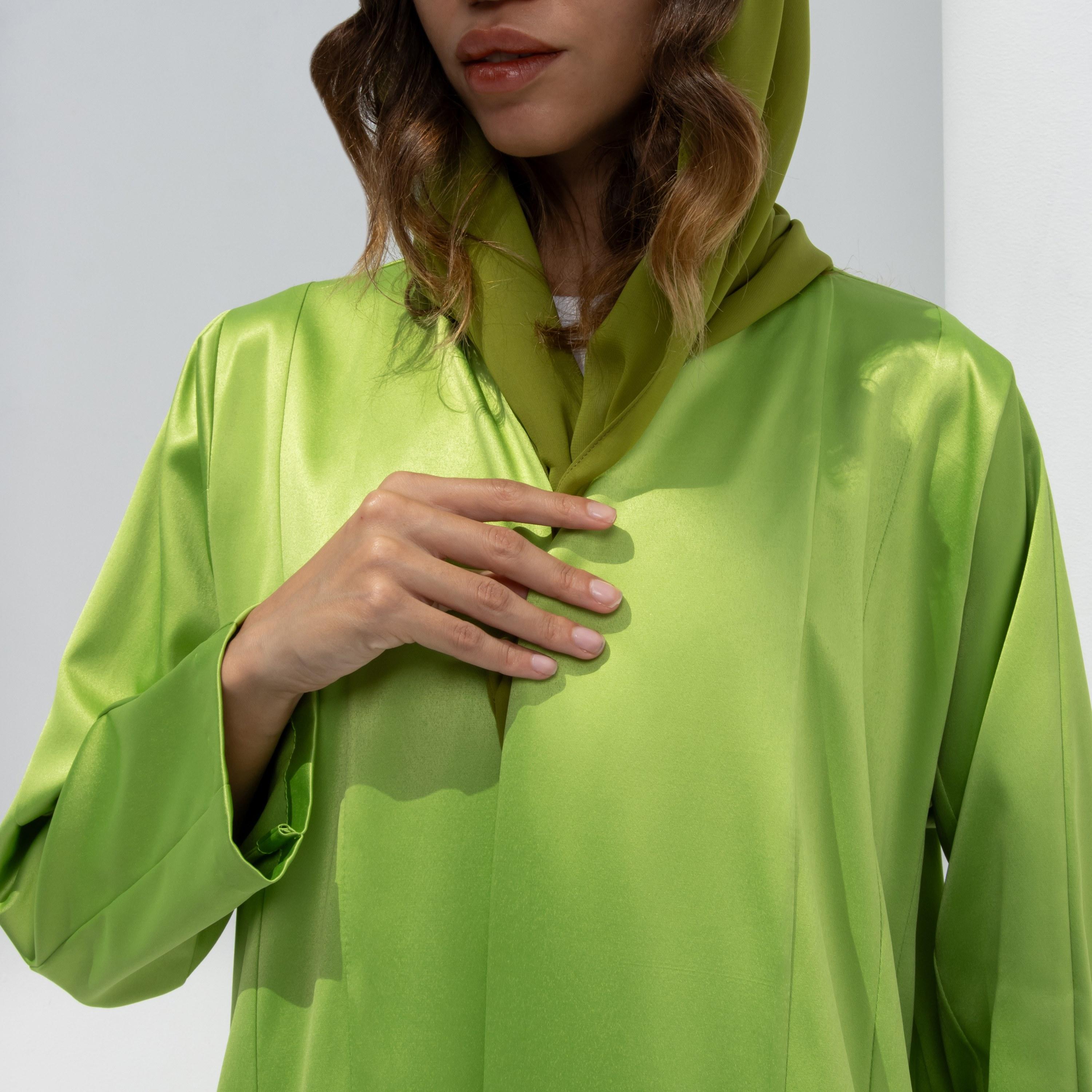 10December Green Satin Women's Flowy Cut Abaya with Hijab-women-arabicclothing-abayas-image-5