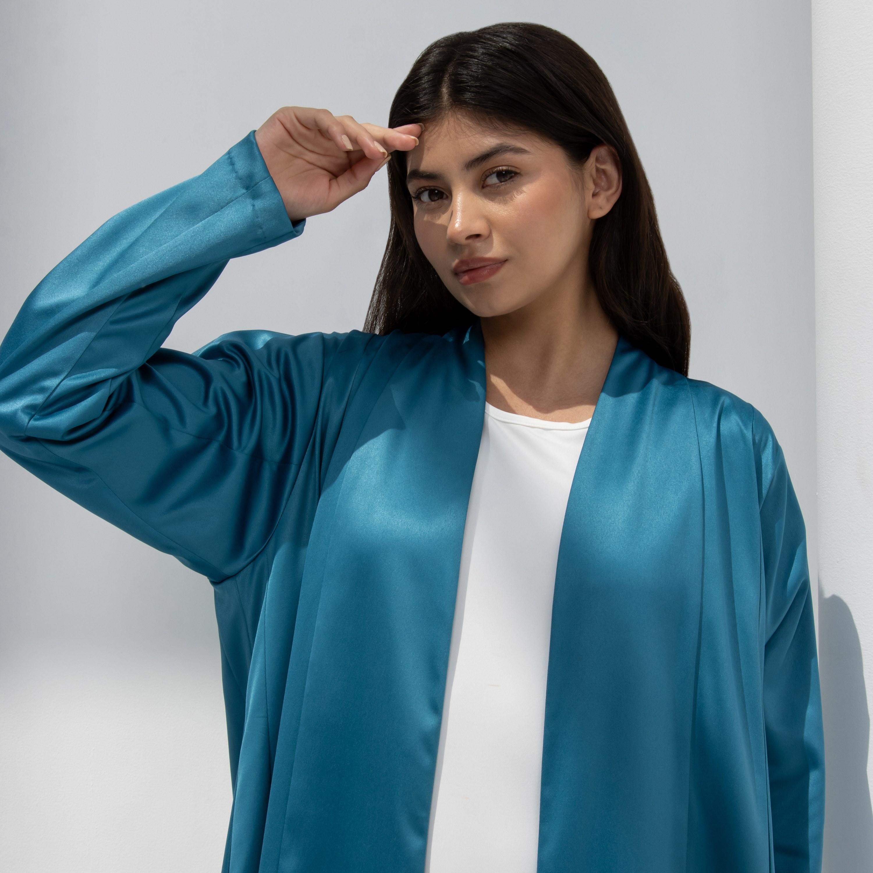 10December Teal Satin Women's Flowy Cut Abaya-women-arabicclothing-abayas-image-2