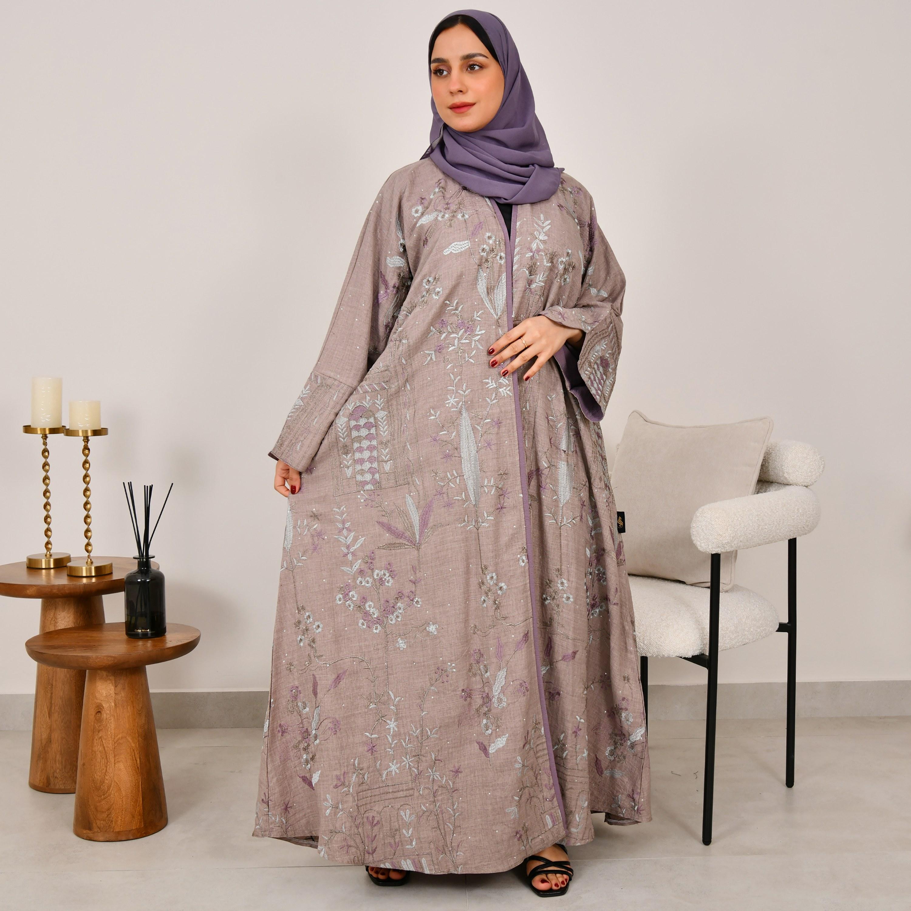 Hawraa Beige Floral Embroidered Wide Sleeves Linen Women's Abaya with Hijab-women-arabicclothing-abayas-image-1
