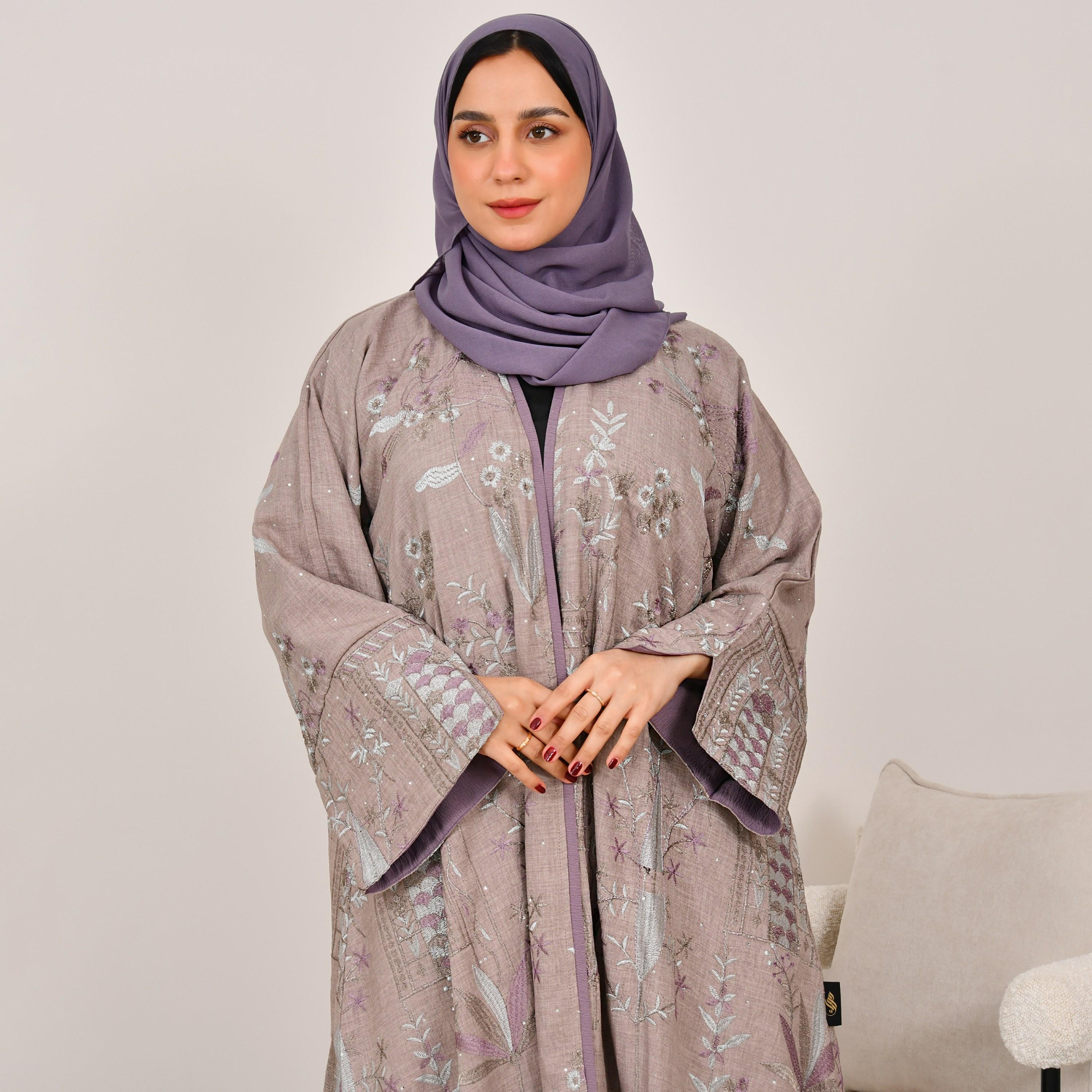 Hawraa Beige Floral Embroidered Wide Sleeves Linen Women's Abaya with Hijab-women-arabicclothing-abayas-image-2
