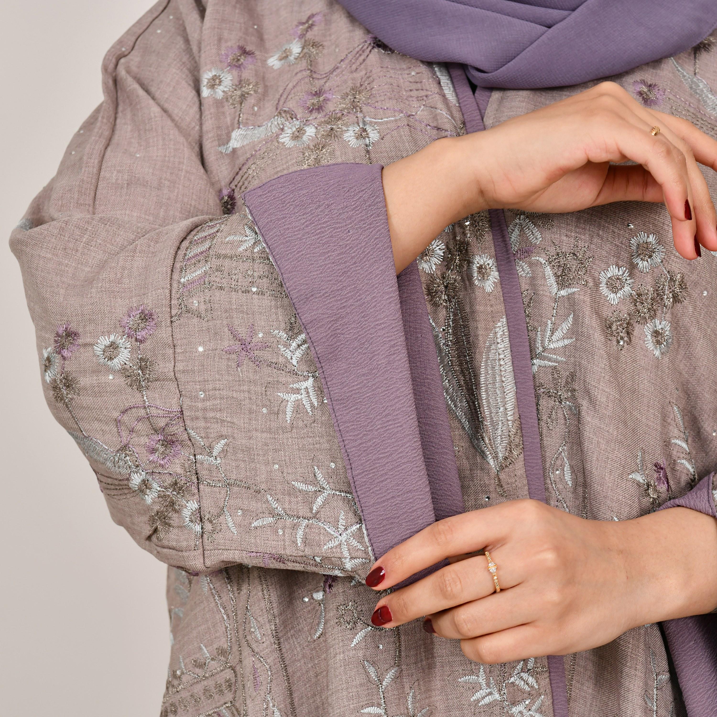 Hawraa Beige Floral Embroidered Wide Sleeves Linen Women's Abaya with Hijab-women-arabicclothing-abayas-image-3