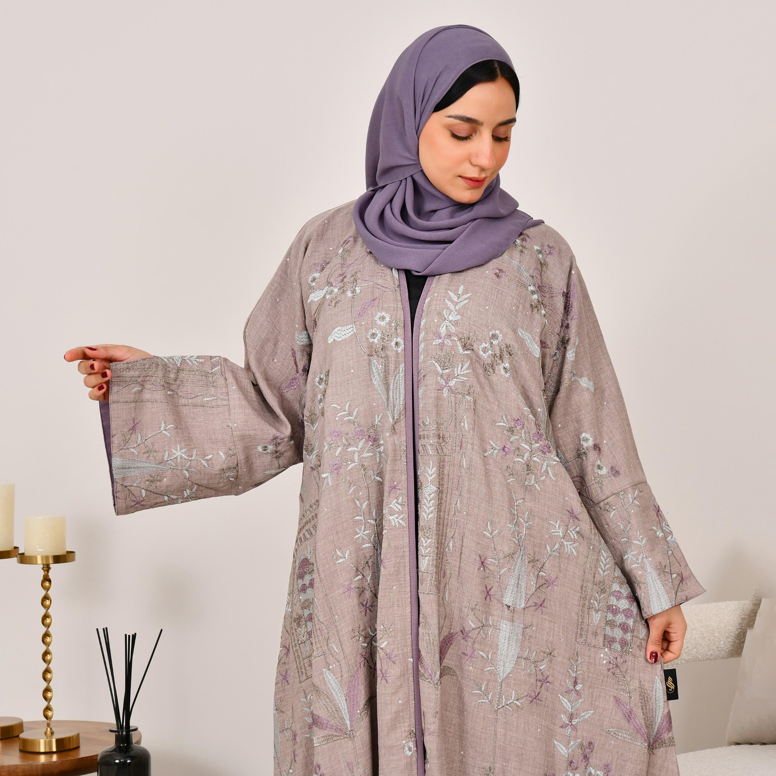 Hawraa Beige Floral Embroidered Wide Sleeves Linen Women's Abaya with Hijab-women-arabicclothing-abayas-image-4