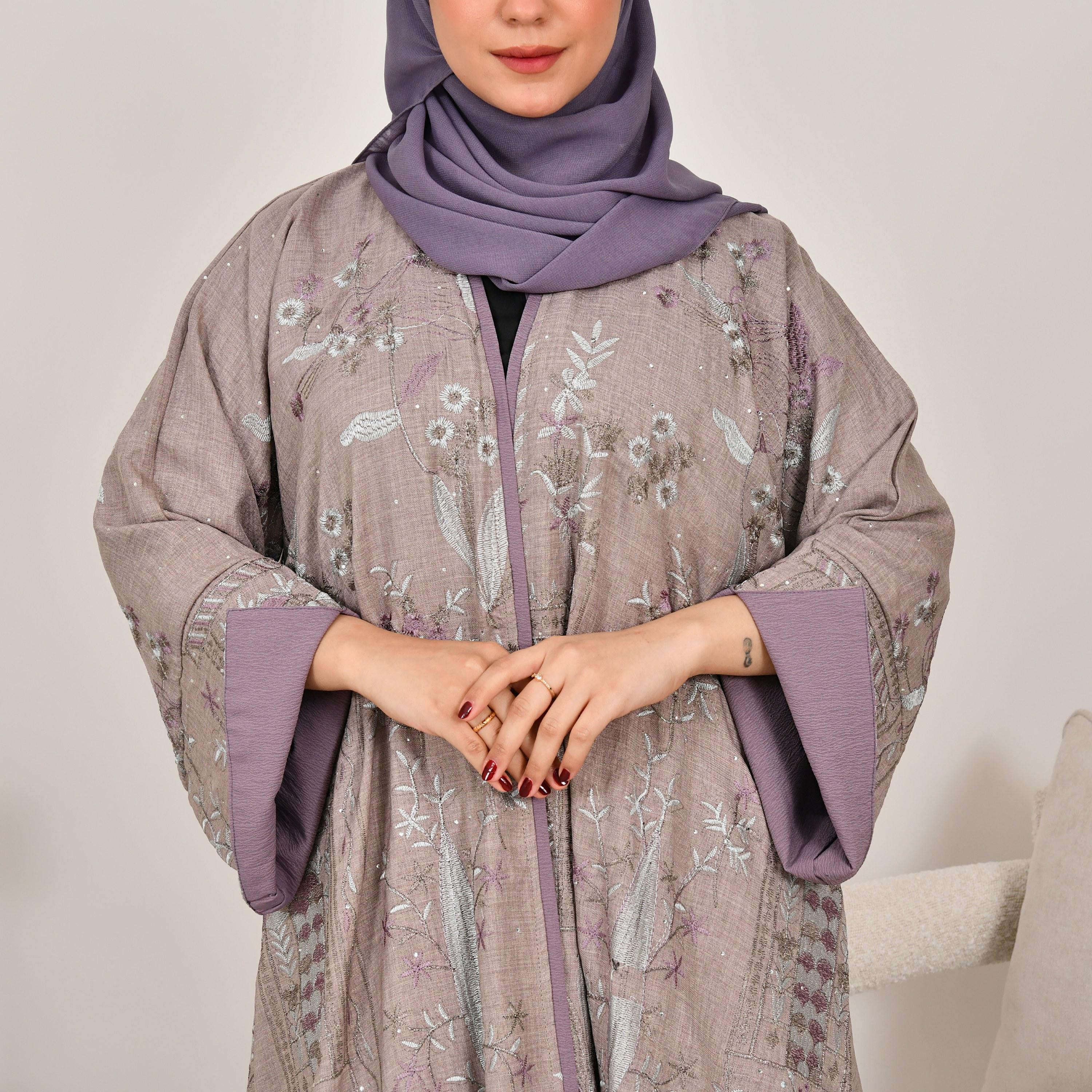 Hawraa Beige Floral Embroidered Wide Sleeves Linen Women's Abaya with Hijab-women-arabicclothing-abayas-image-5