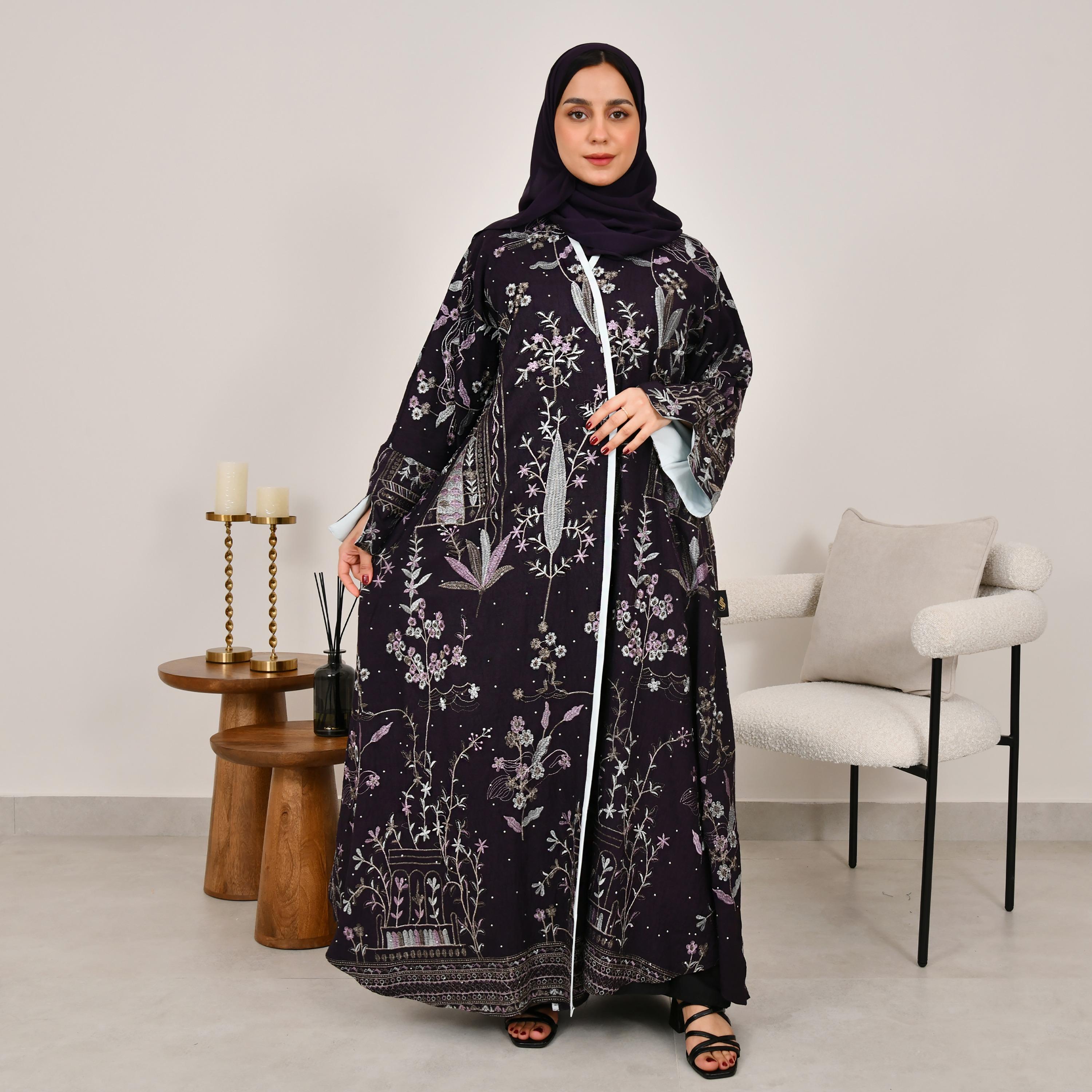Hawraa Floral Embroidered Wide Sleeves Linen Women's Abaya with Hijab-women-arabicclothing-abayas-image-1