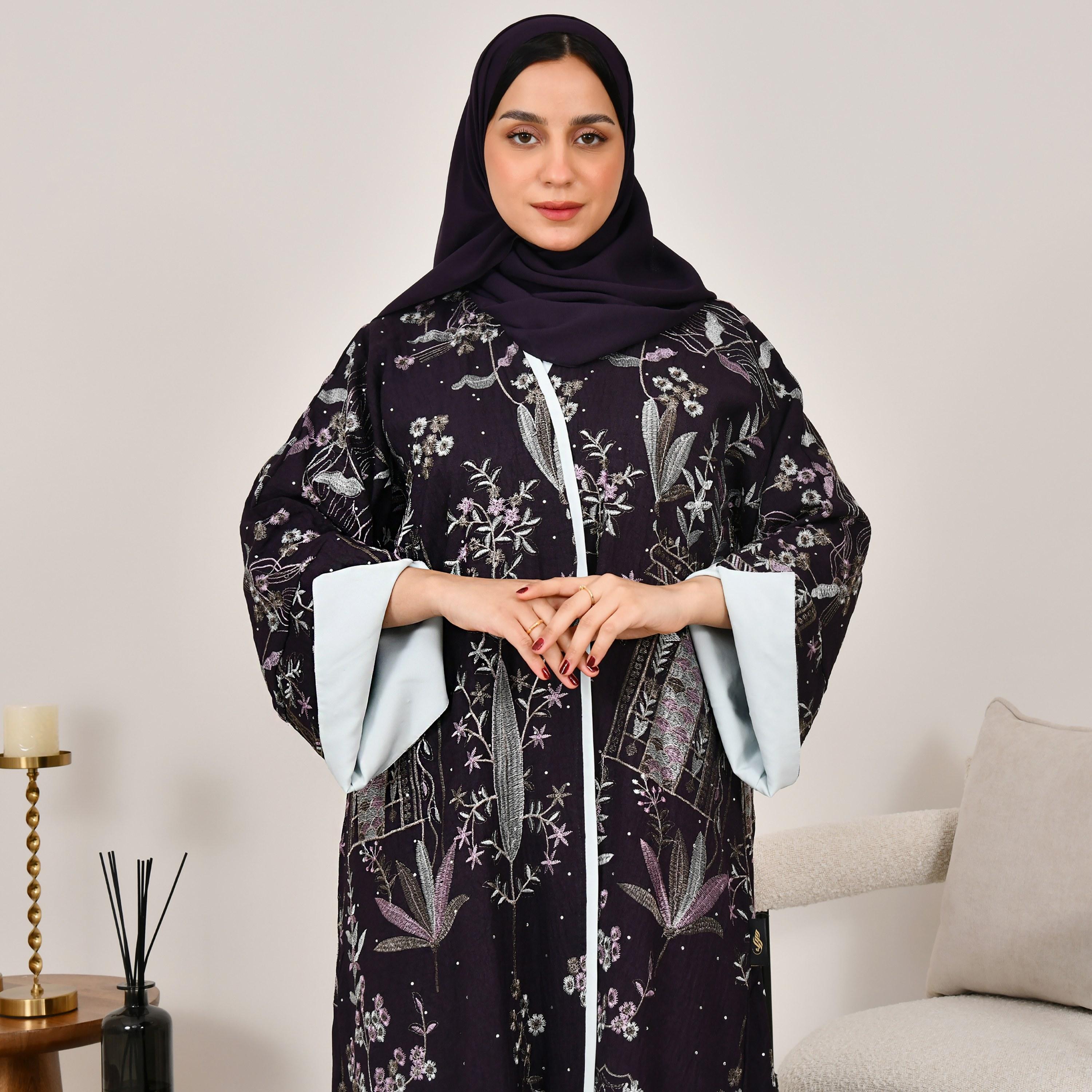 Hawraa Floral Embroidered Wide Sleeves Linen Women's Abaya with Hijab-women-arabicclothing-abayas-image-2