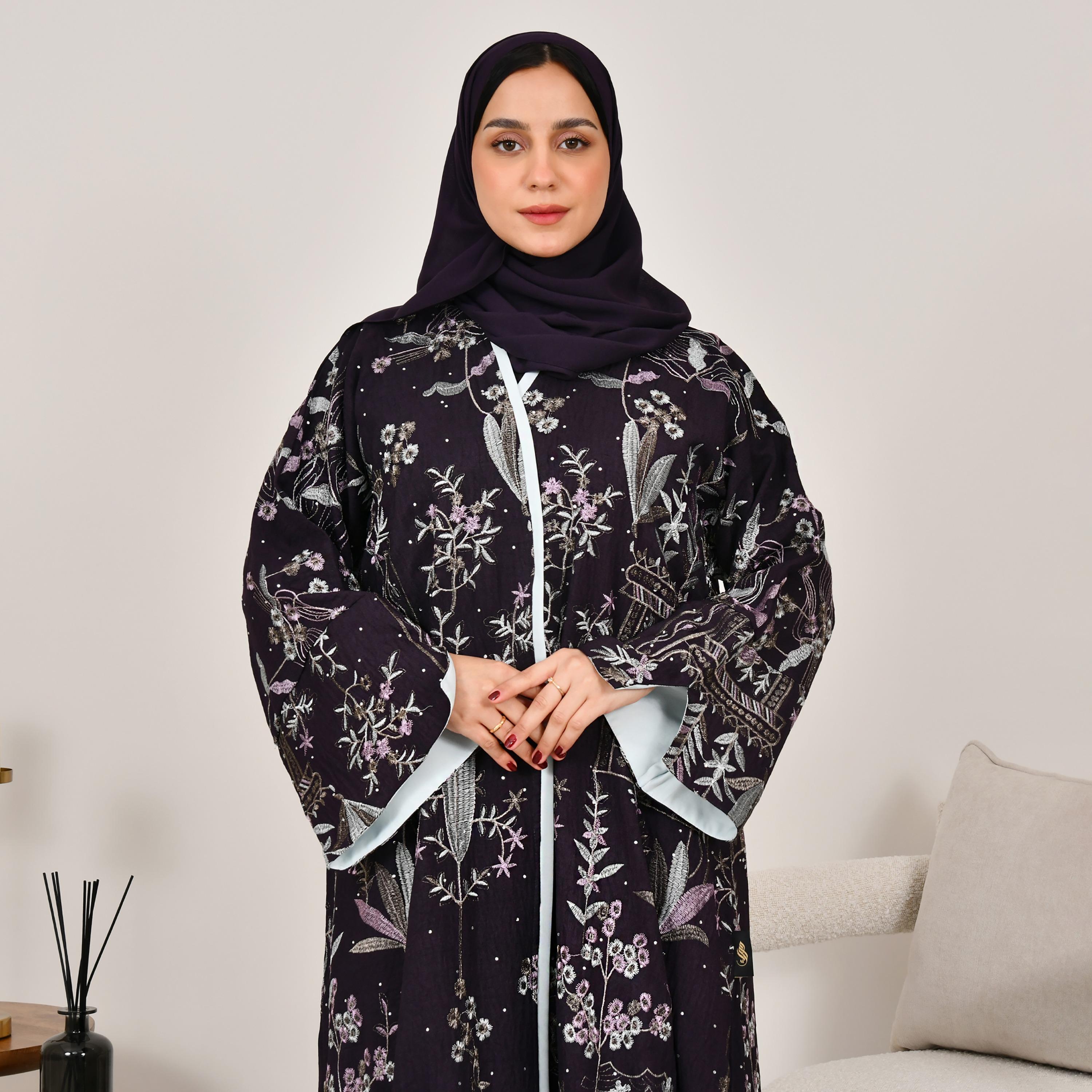 Hawraa Floral Embroidered Wide Sleeves Linen Women's Abaya with Hijab-women-arabicclothing-abayas-image-4