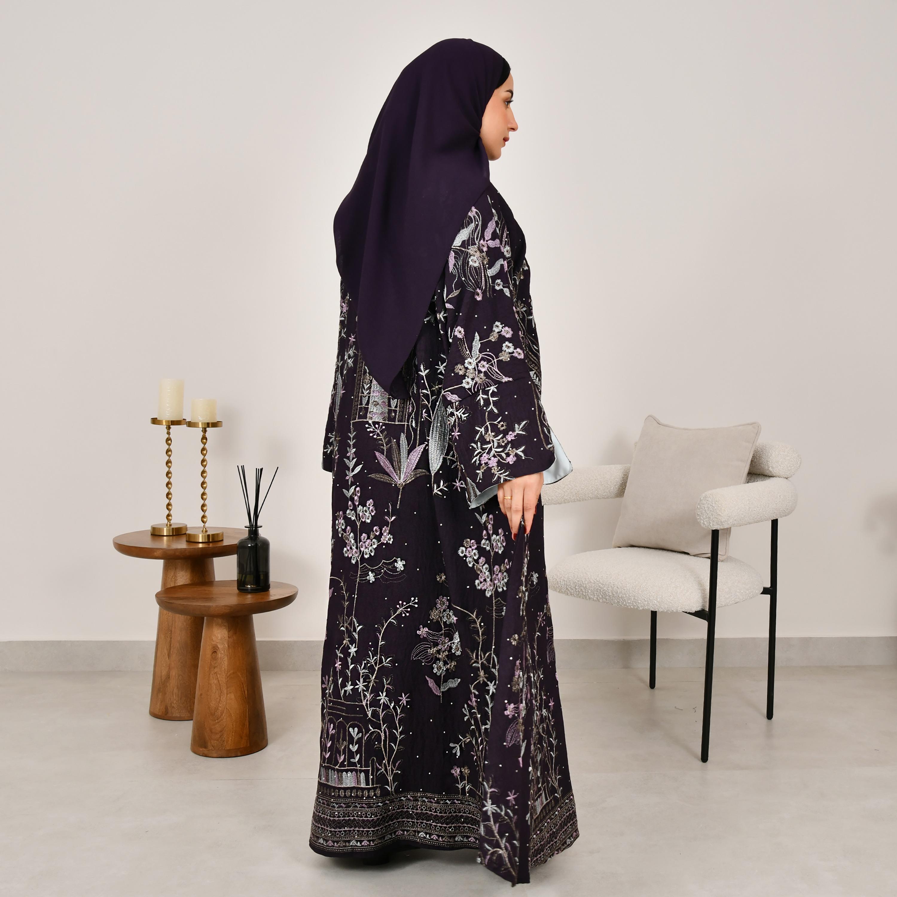 Hawraa Floral Embroidered Wide Sleeves Linen Women's Abaya with Hijab-women-arabicclothing-abayas-image-5