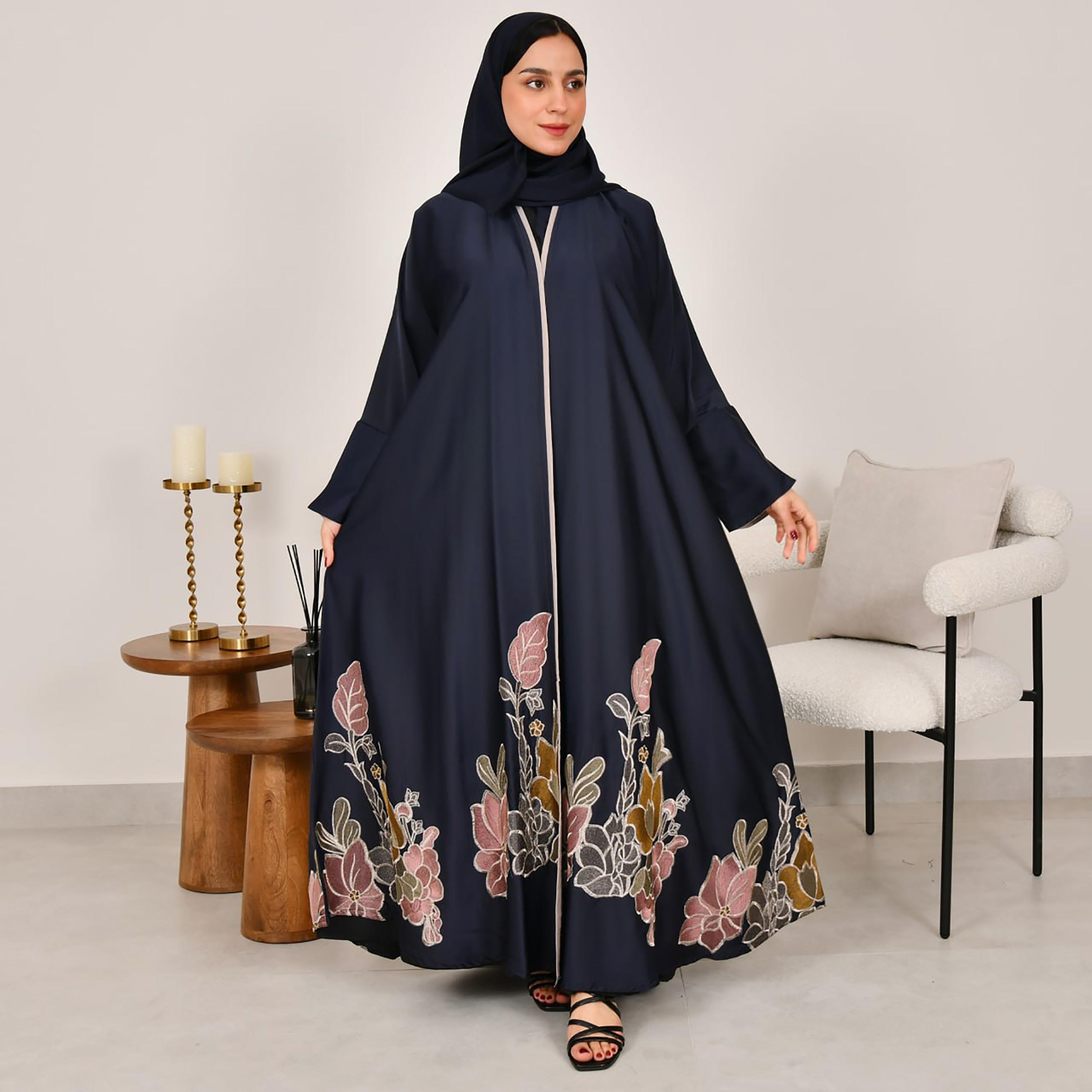 Hawraa Navy Blue Floral Embroidered Slit Sleeves Linen Women's Half Cloche Abaya with Hijab-women-arabicclothing-abayas-image-1