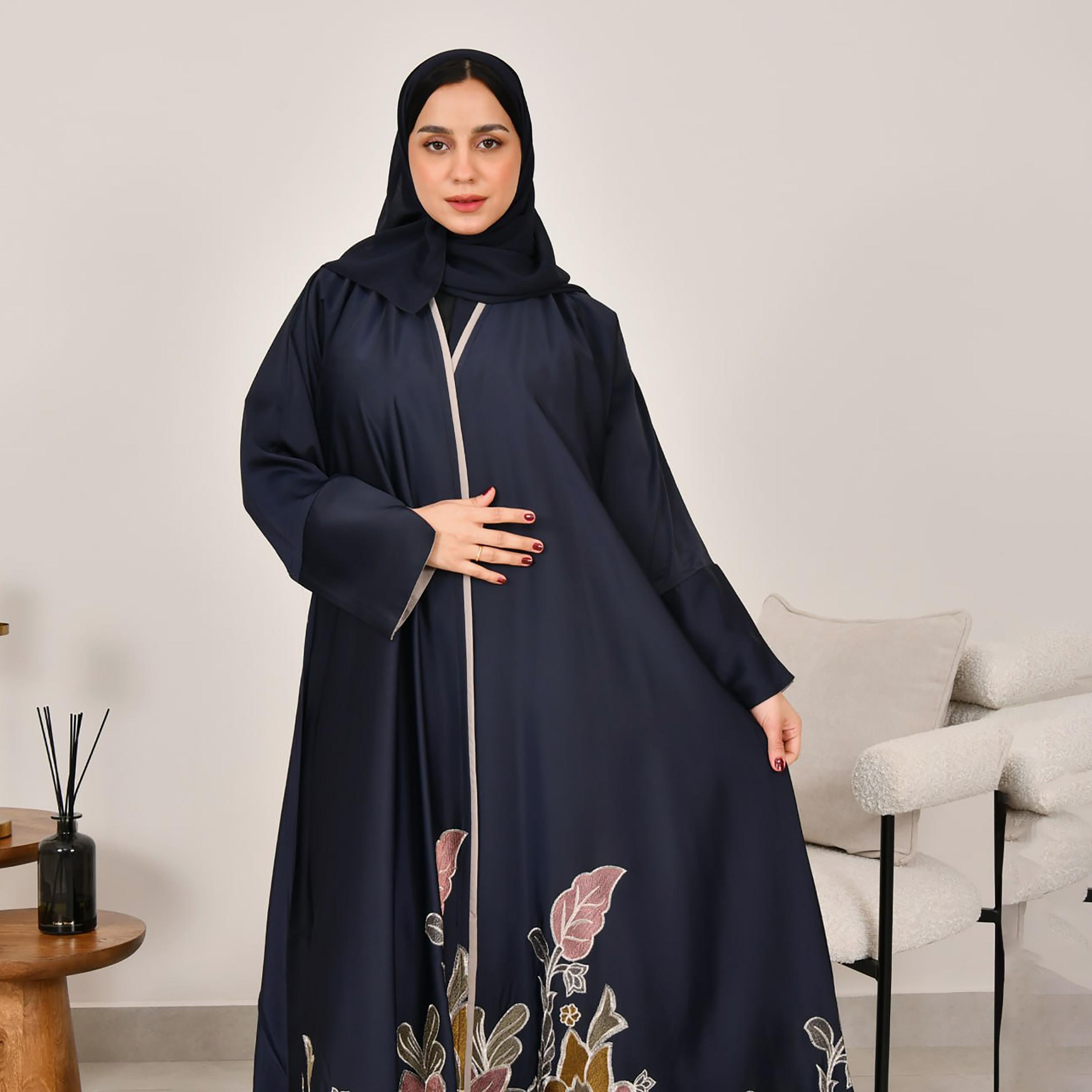 Hawraa Navy Blue Floral Embroidered Slit Sleeves Linen Women's Half Cloche Abaya with Hijab-women-arabicclothing-abayas-image-2