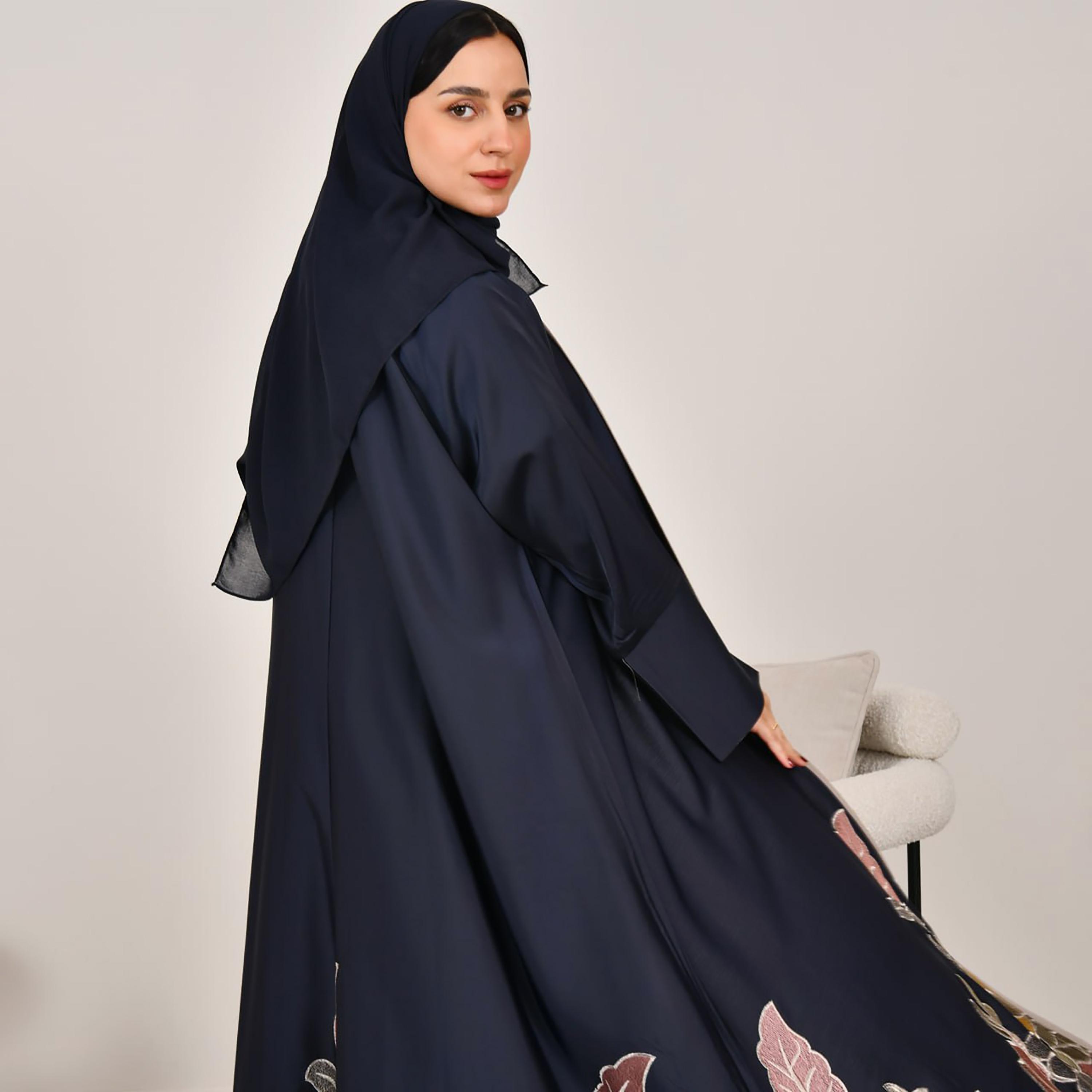 Hawraa Navy Blue Floral Embroidered Slit Sleeves Linen Women's Half Cloche Abaya with Hijab-women-arabicclothing-abayas-image-3
