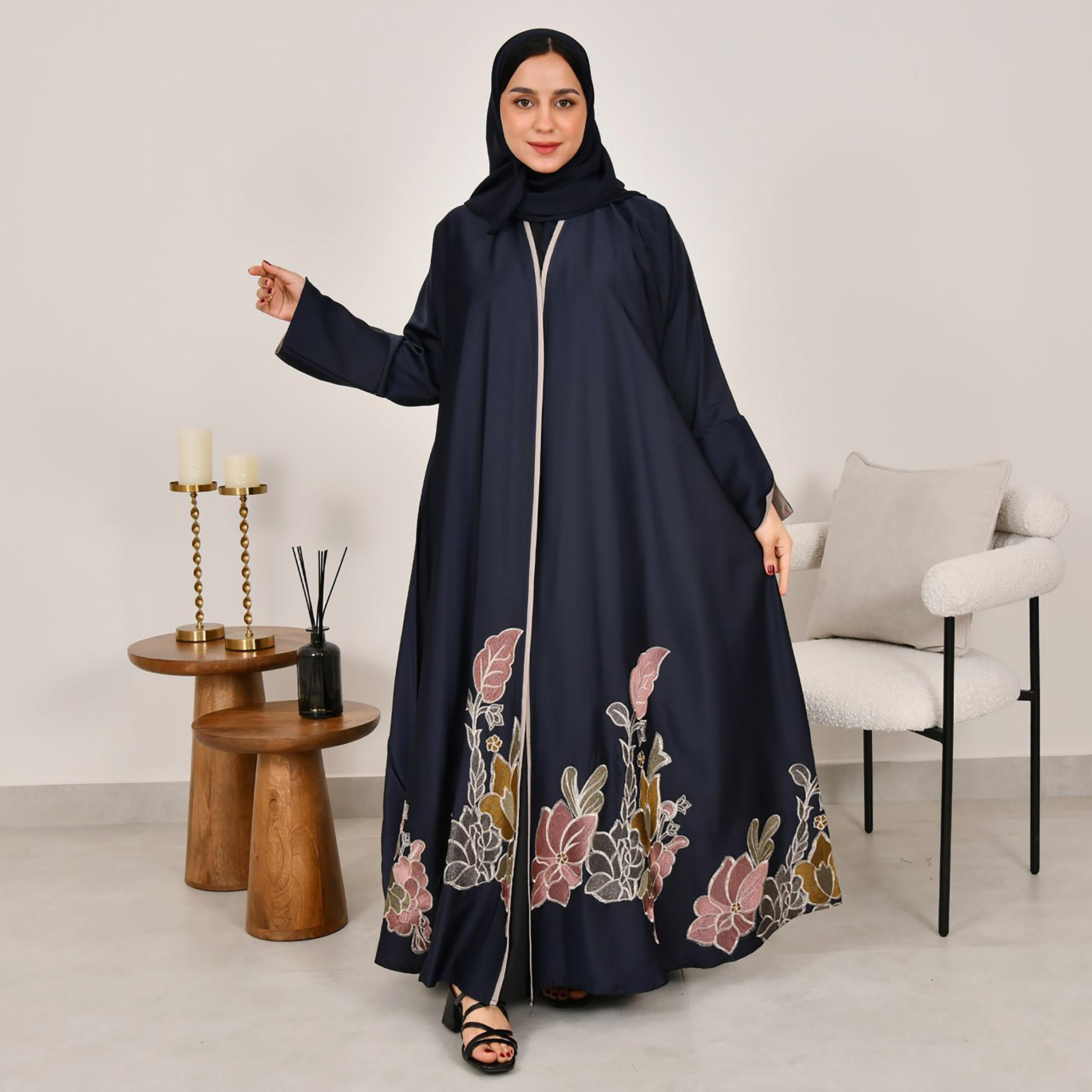 Hawraa Navy Blue Floral Embroidered Slit Sleeves Linen Women's Half Cloche Abaya with Hijab-women-arabicclothing-abayas-image-4
