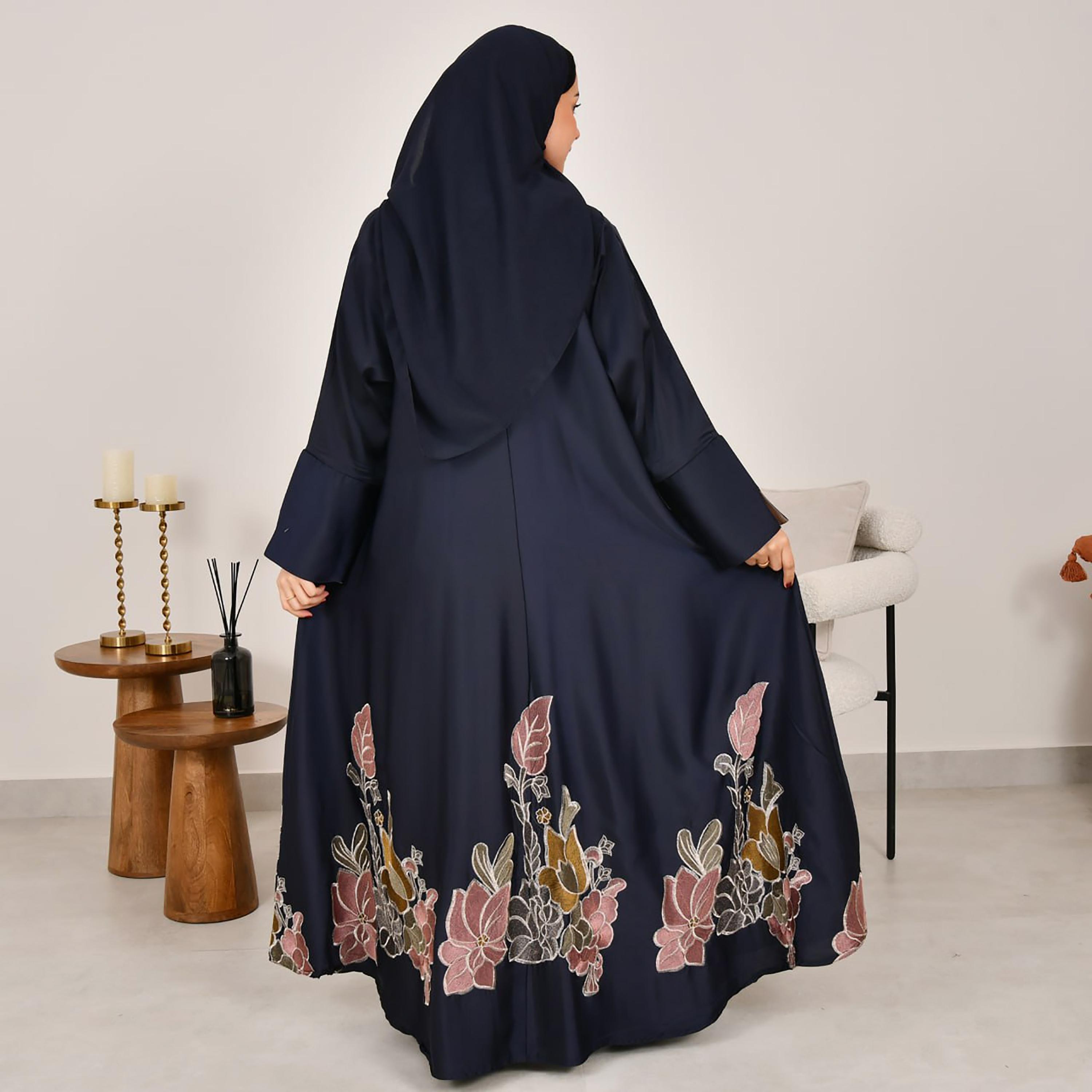 Hawraa Navy Blue Floral Embroidered Slit Sleeves Linen Women's Half Cloche Abaya with Hijab-women-arabicclothing-abayas-image-5