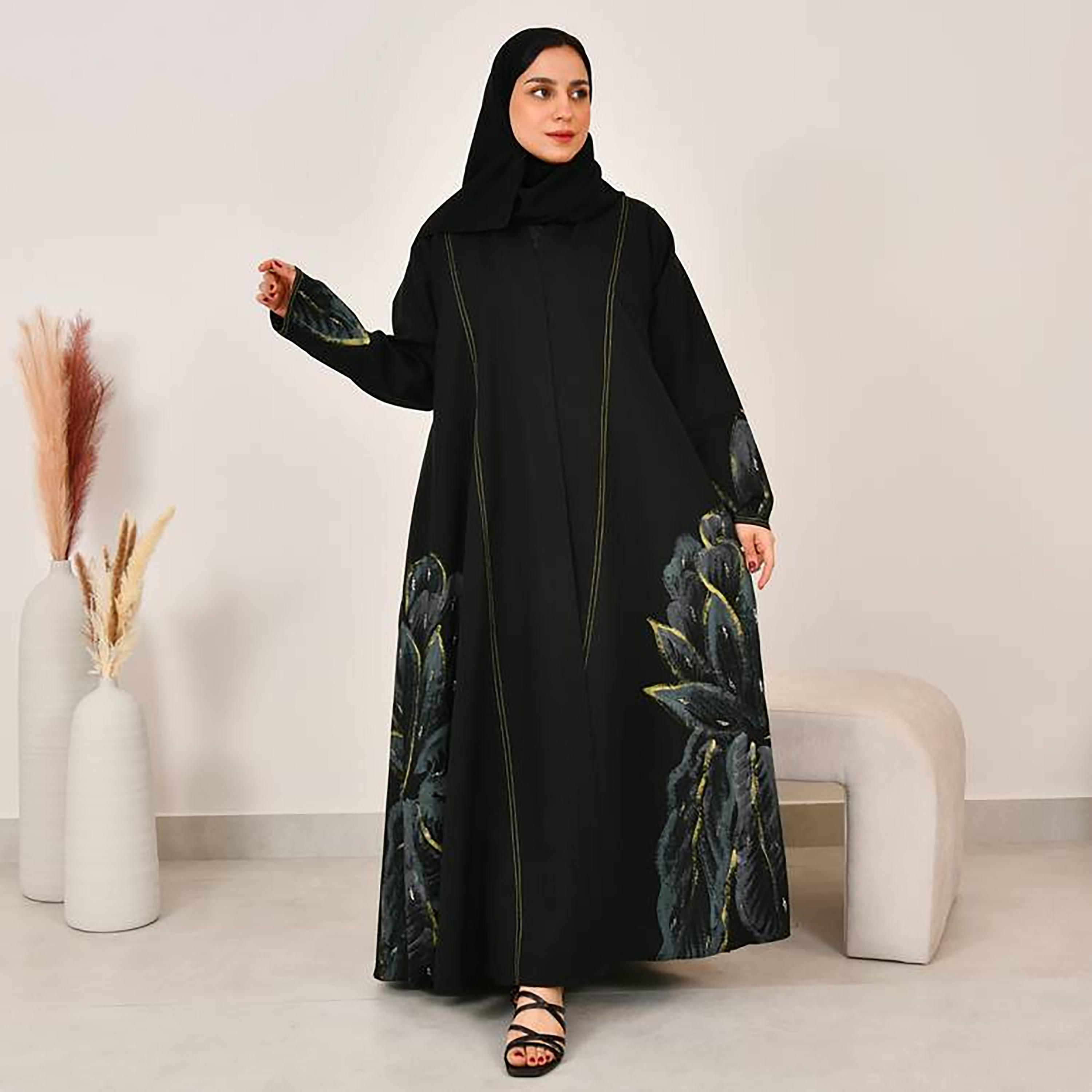Hawraa Black Hand Painted Linen Women's Abaya with Hijab-women-arabicclothing-abayas-image-1