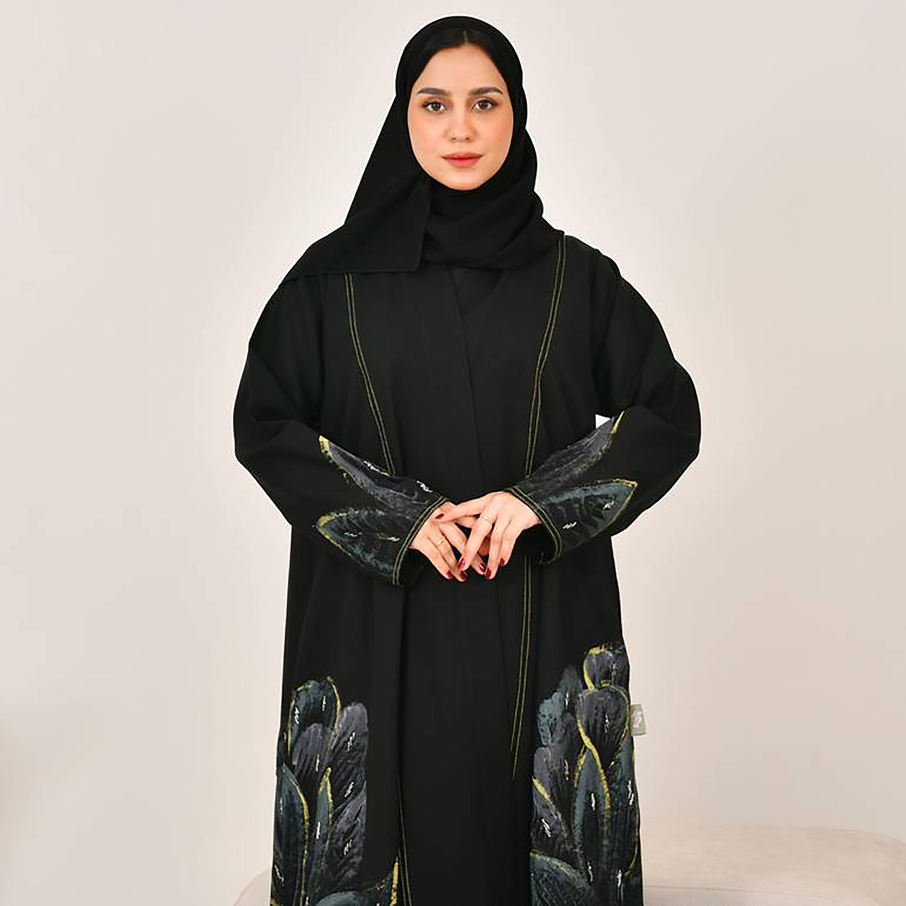 Hawraa Black Hand Painted Linen Women's Abaya with Hijab-women-arabicclothing-abayas-image-2