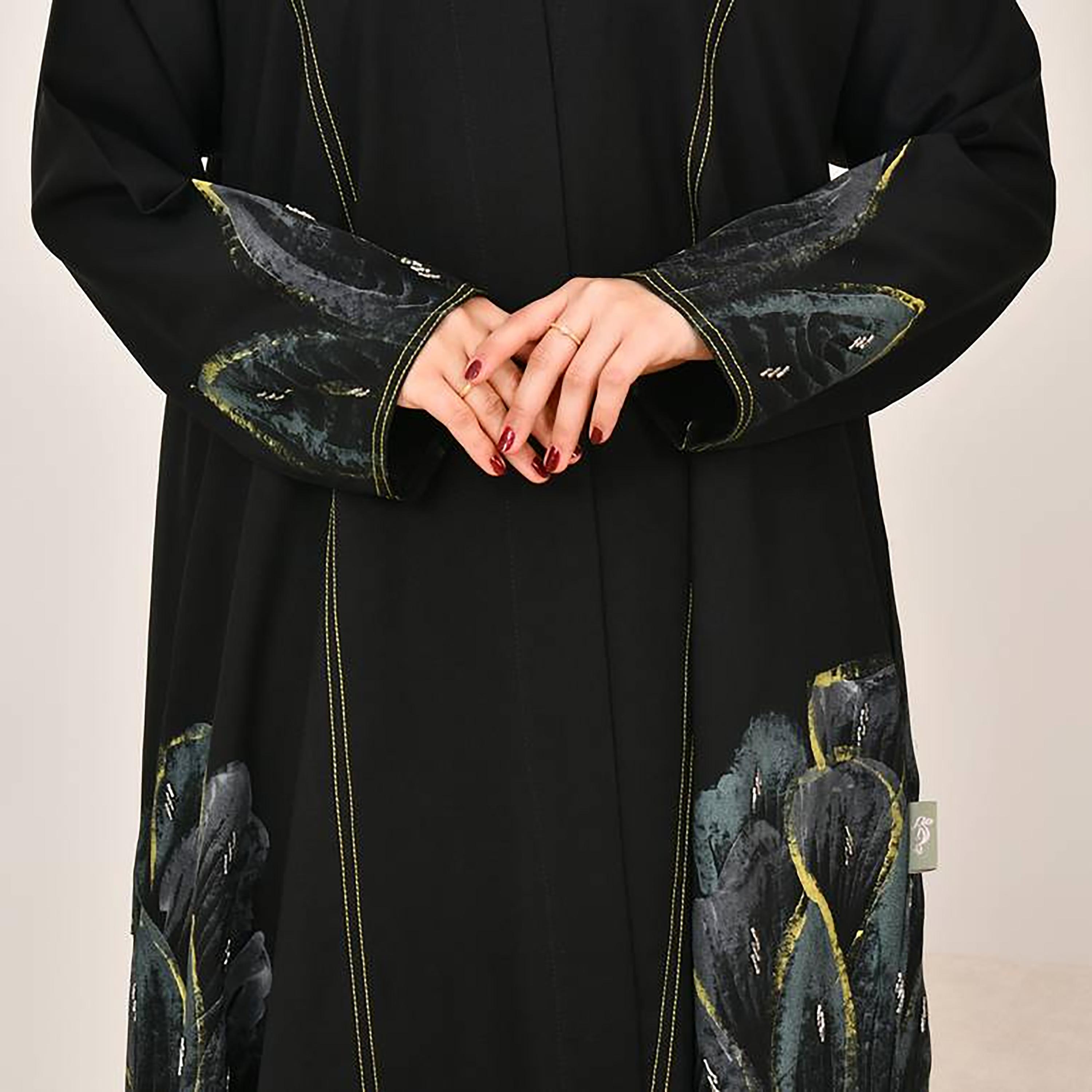 Hawraa Black Hand Painted Linen Women's Abaya with Hijab-women-arabicclothing-abayas-image-3