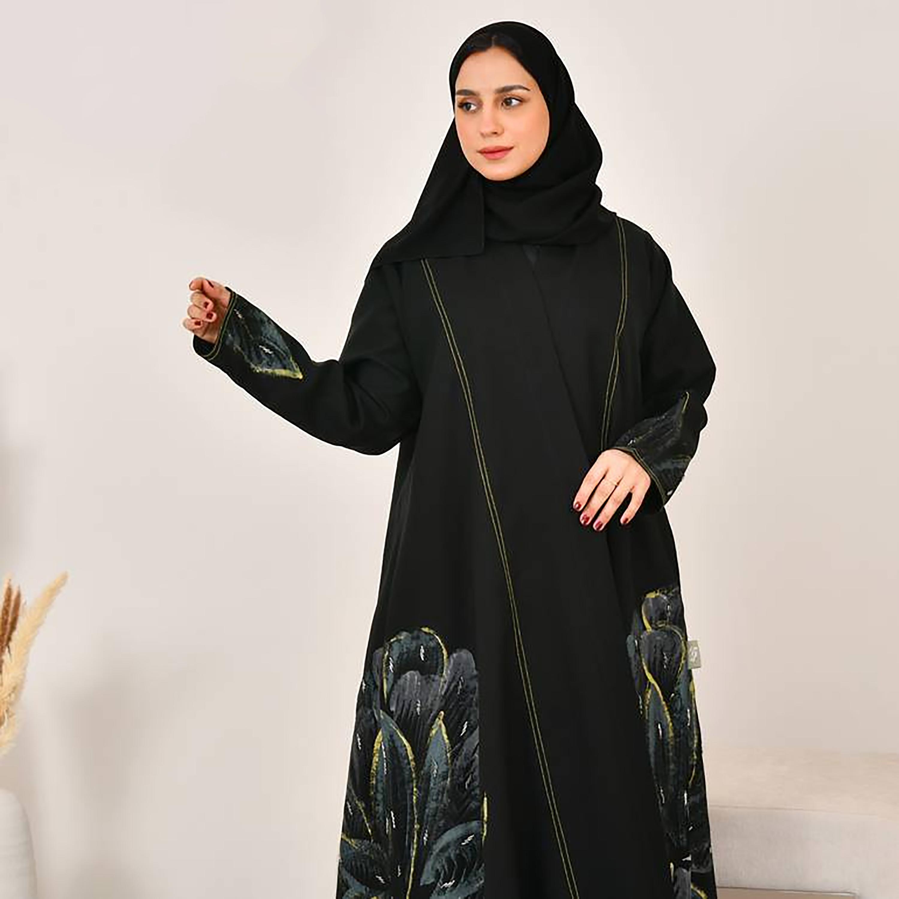 Hawraa Black Hand Painted Linen Women's Abaya with Hijab-women-arabicclothing-abayas-image-4
