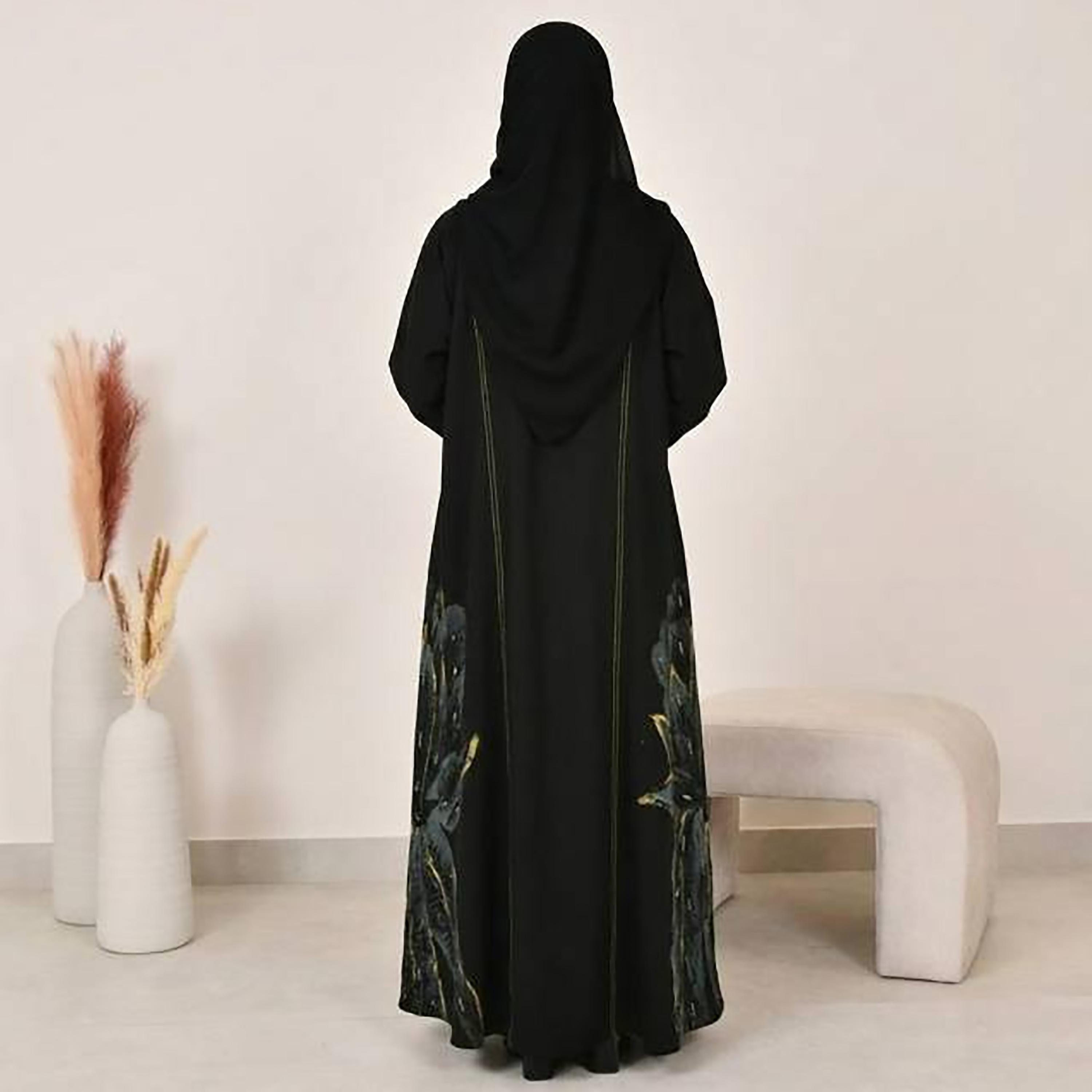 Hawraa Black Hand Painted Linen Women's Abaya with Hijab-women-arabicclothing-abayas-image-5