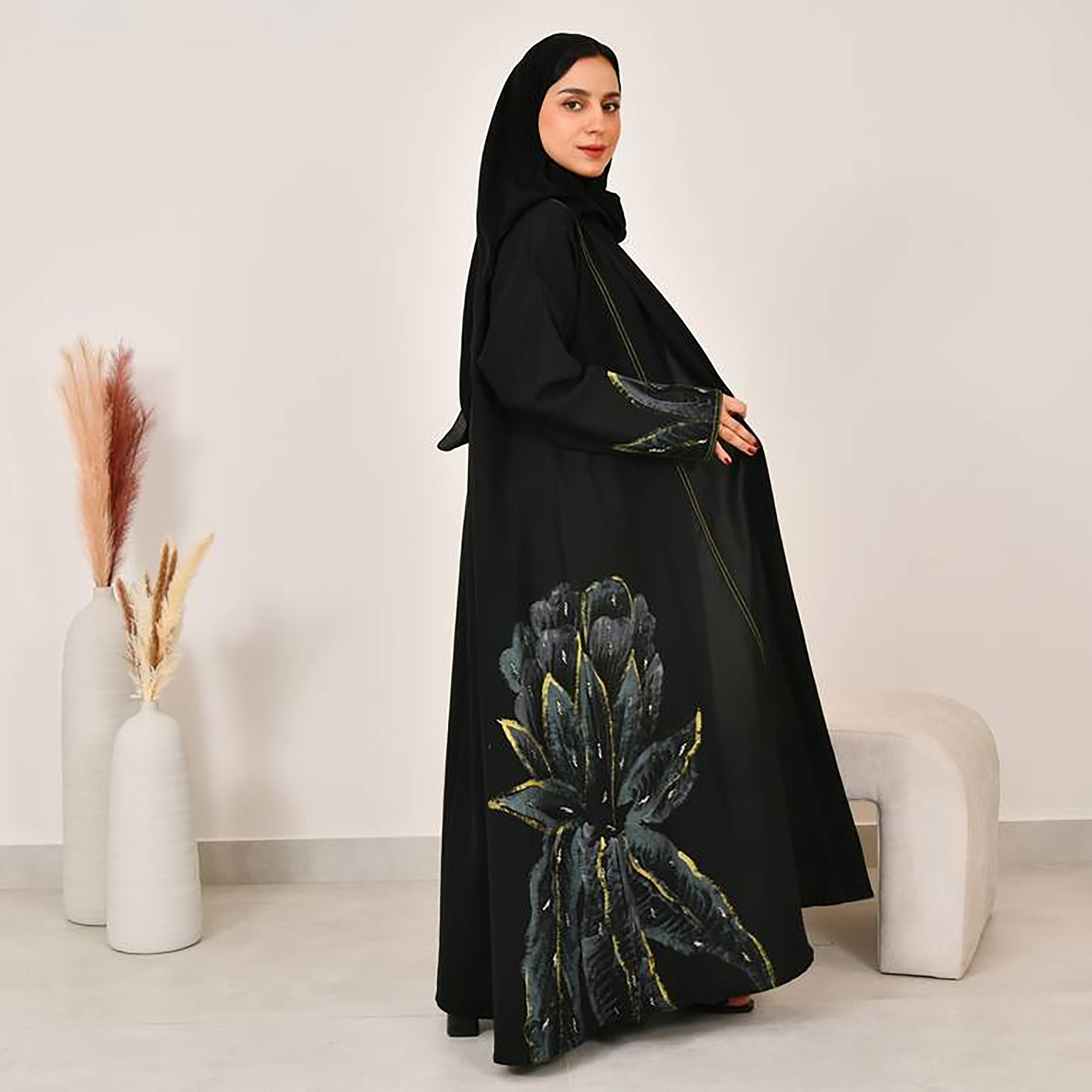 Hawraa Black Hand Painted Linen Women's Abaya with Hijab-women-arabicclothing-abayas-image-6
