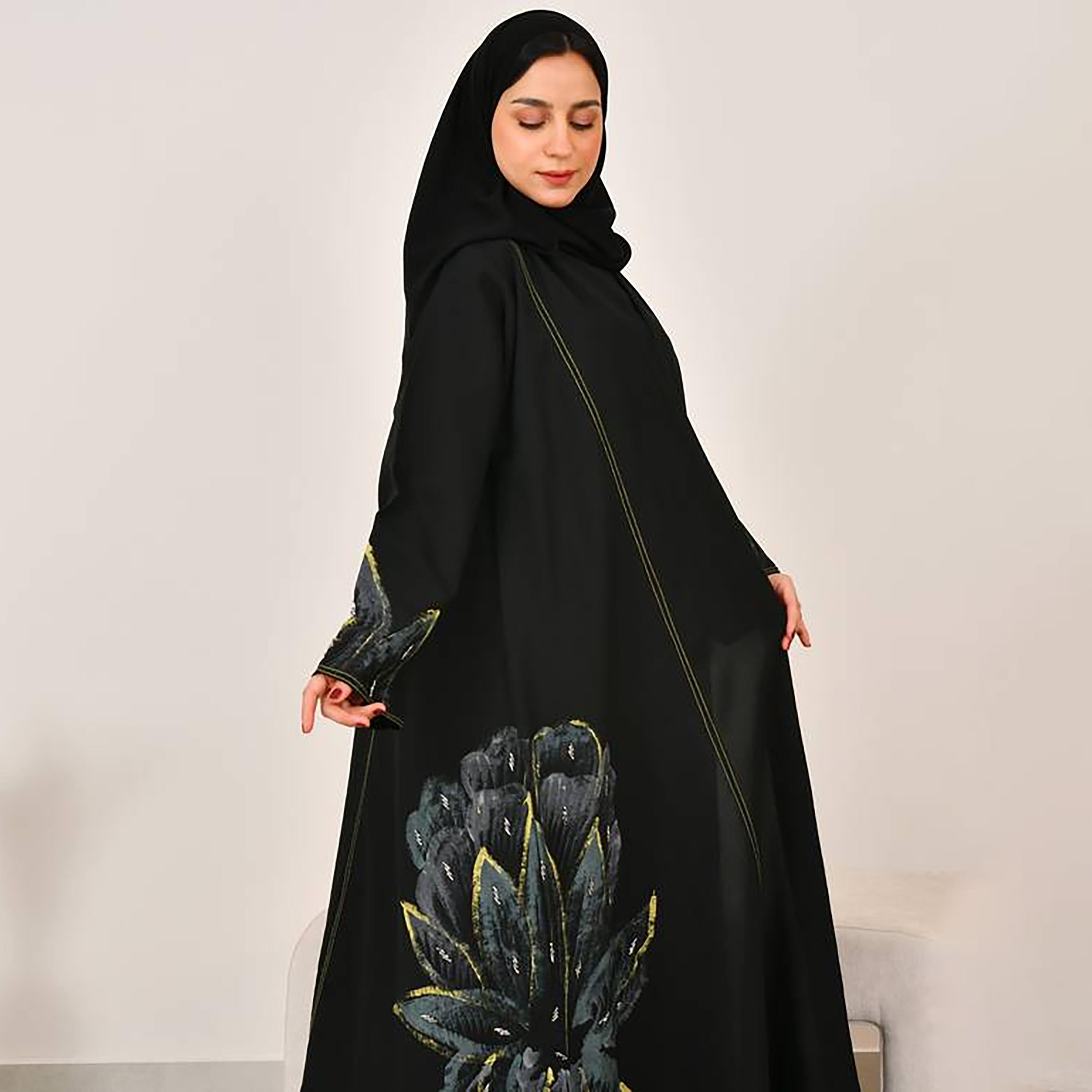 Hawraa Black Hand Painted Linen Women's Abaya with Hijab-women-arabicclothing-abayas-image-7