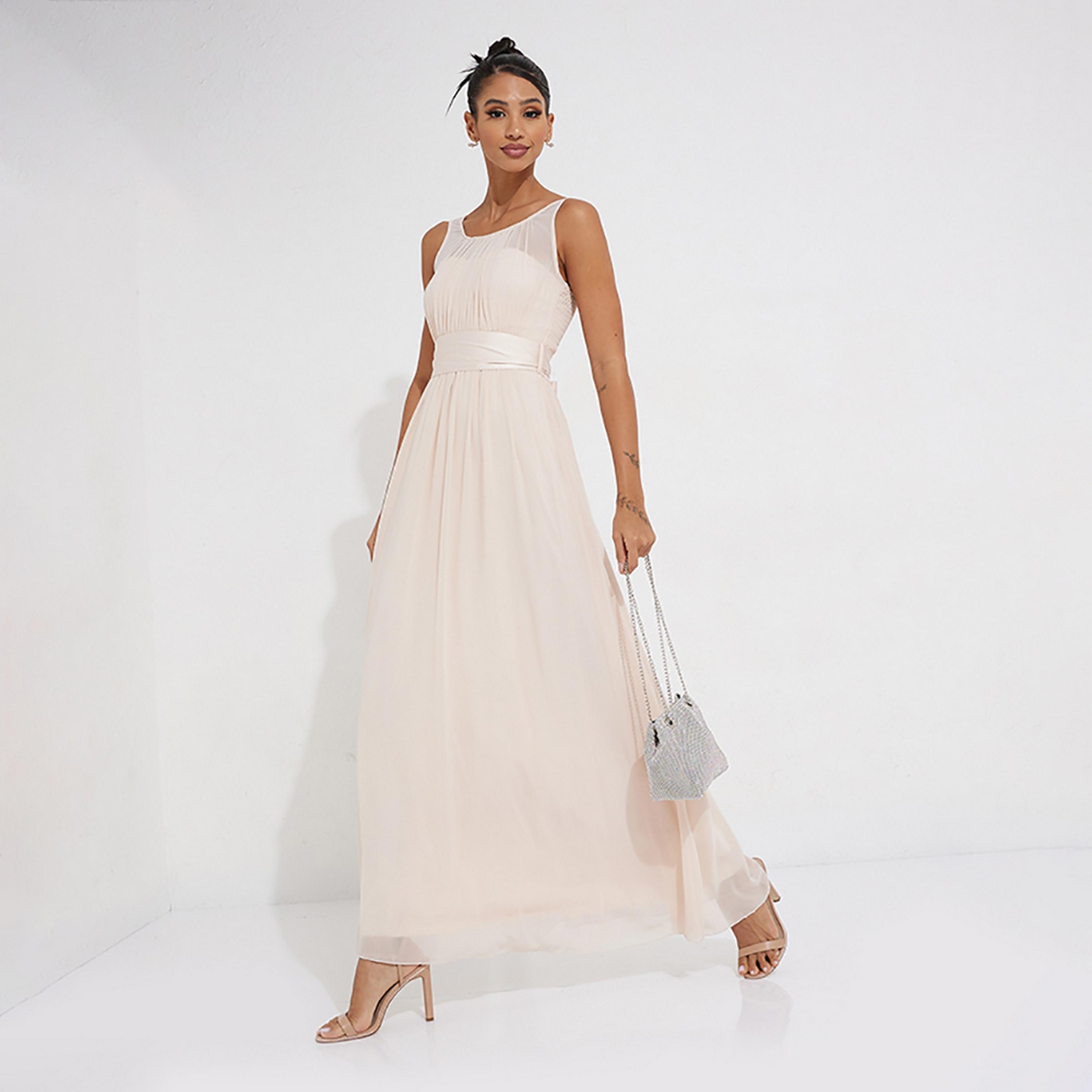 Little Mistress Beige Plain Fit and Flared Maxi Women's Dress-women-clothing-dresses-image-1