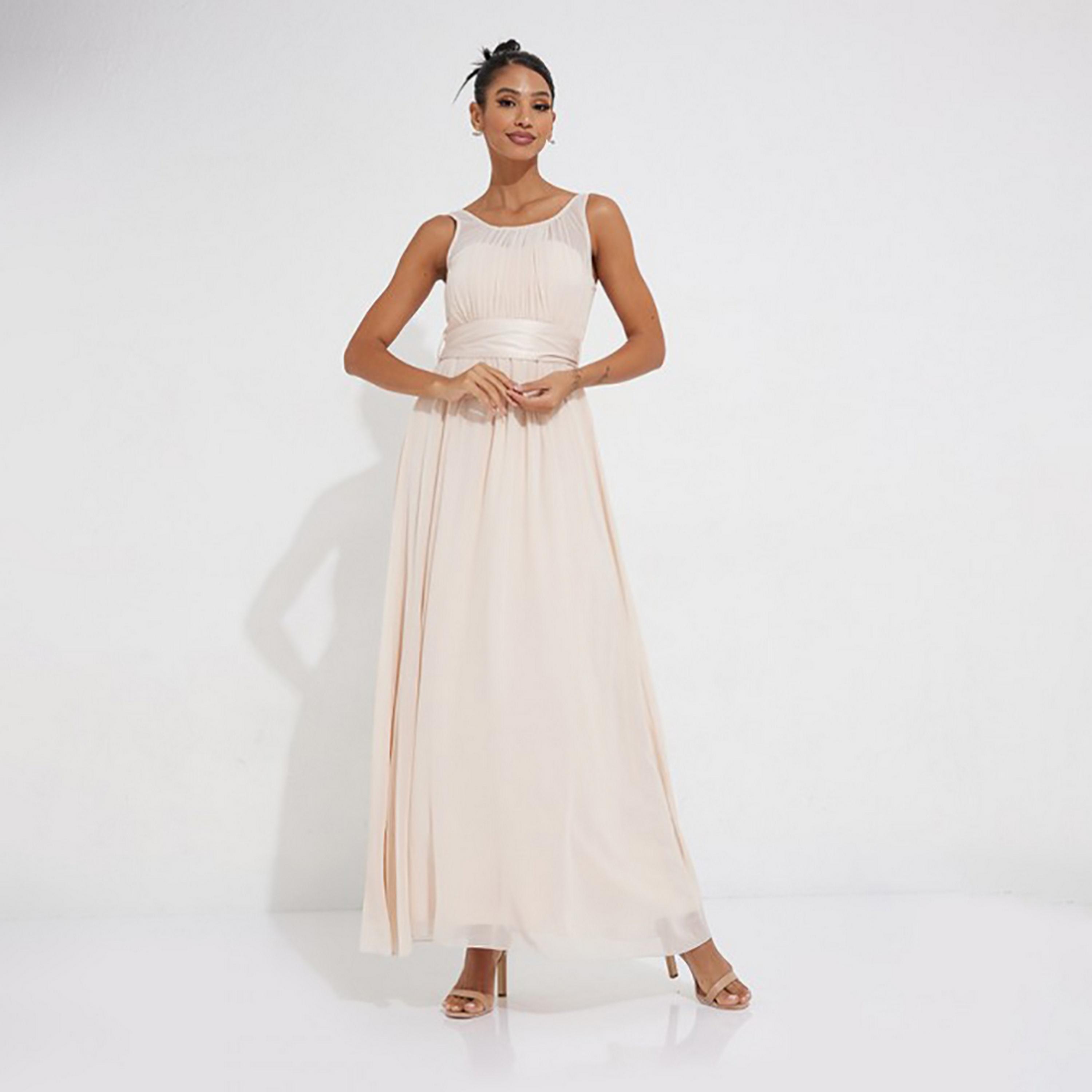 Little Mistress Beige Plain Fit and Flared Maxi Women's Dress-women-clothing-dresses-image-3