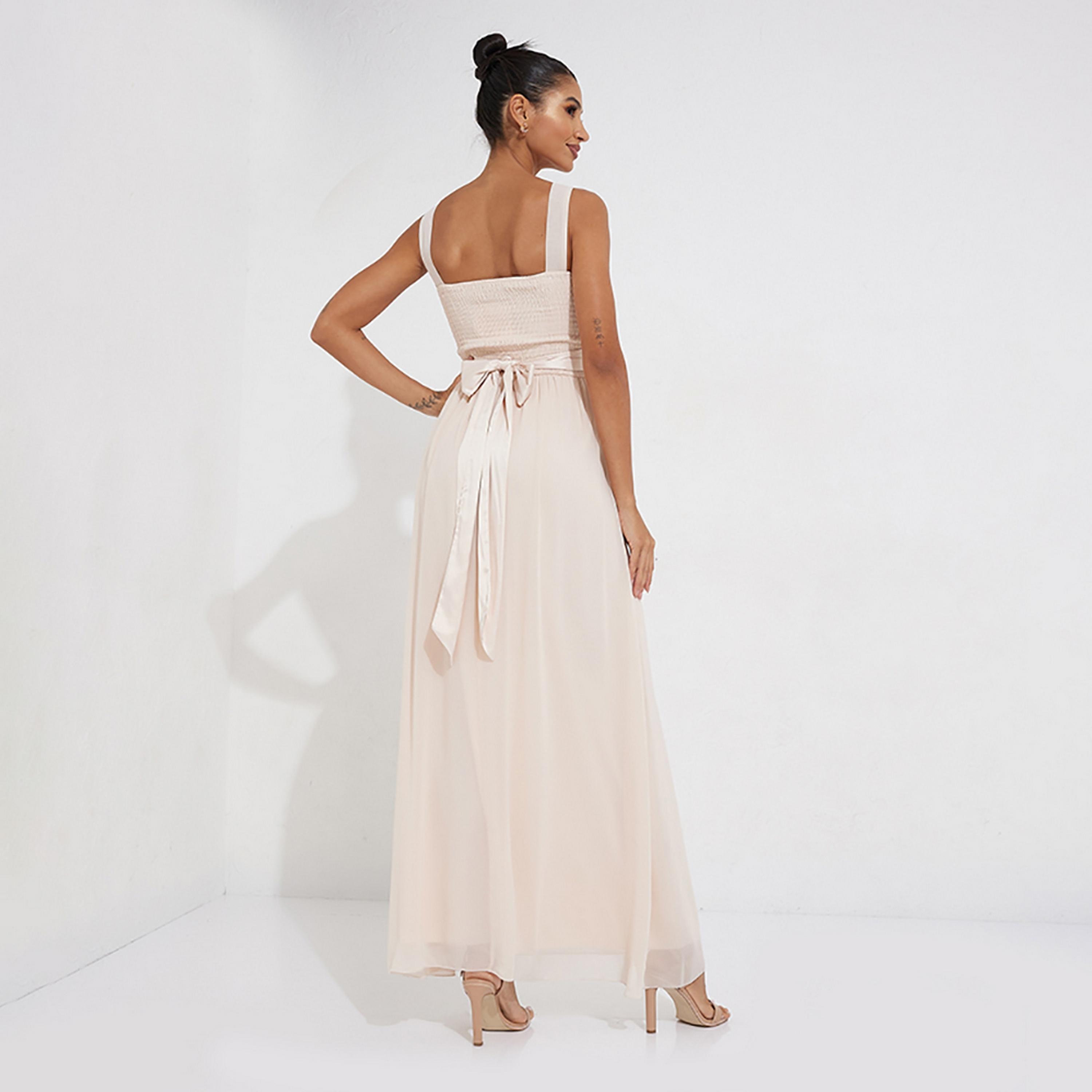Little Mistress Beige Plain Fit and Flared Maxi Women's Dress-women-clothing-dresses-image-4